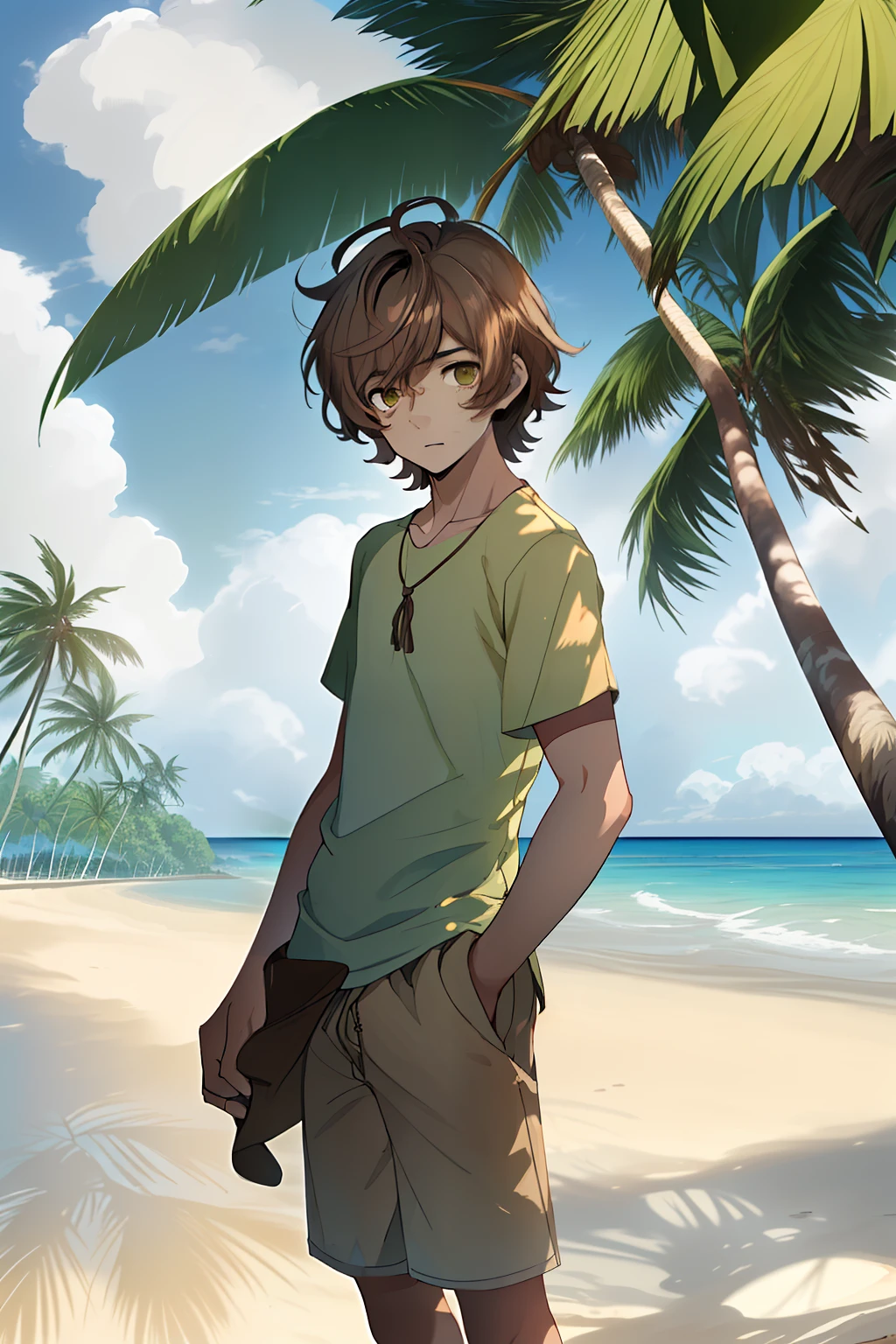 young boy, 17 years old, brown hair,  has shaggy, neck length brown hair, akechi hair, green eyes, blue swin shorts, timid face, standing, on a beach, coconut trees behind, cloud in the sky, 4k, good ambience