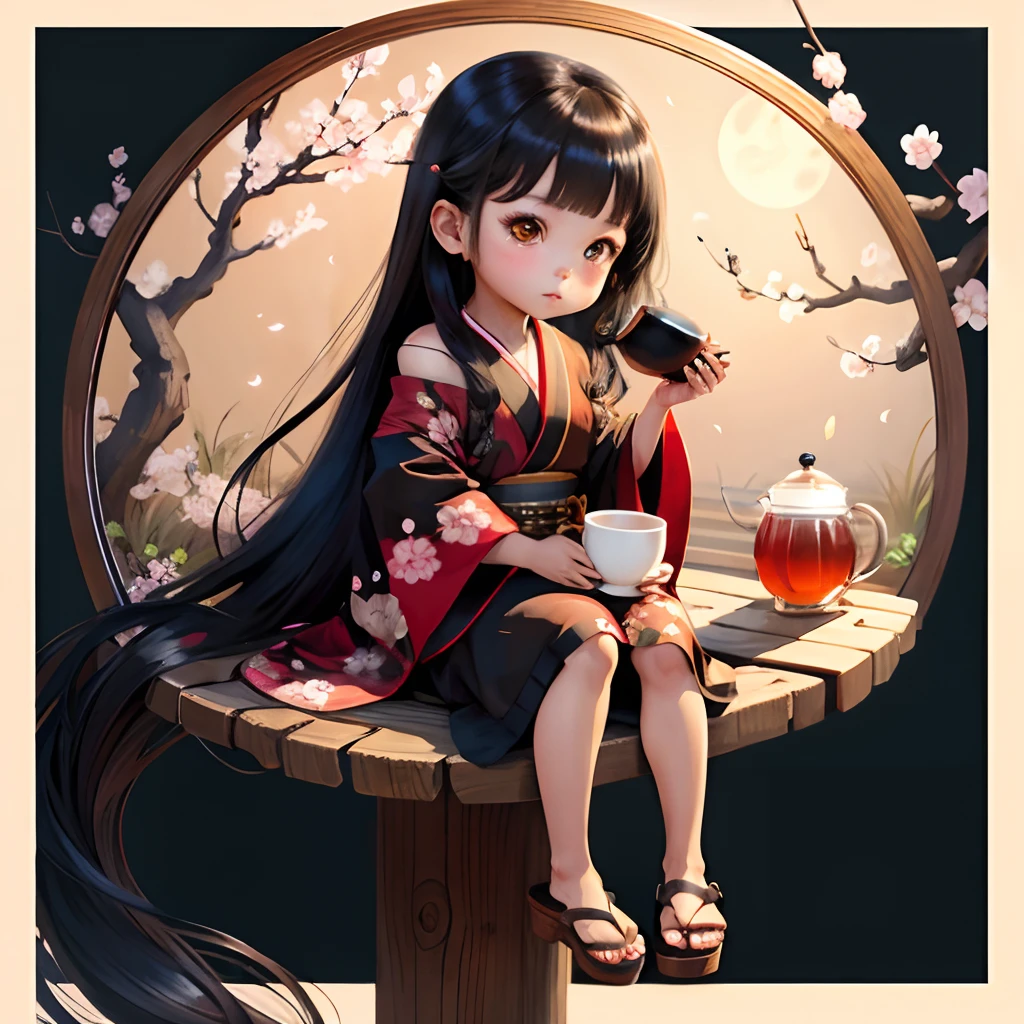 Cute brown skinned baby chibi anime, black kimono, drink tea, straight long black hair, in a frame, drink hot tea, cherry blossom, logo, black thick platform sandals