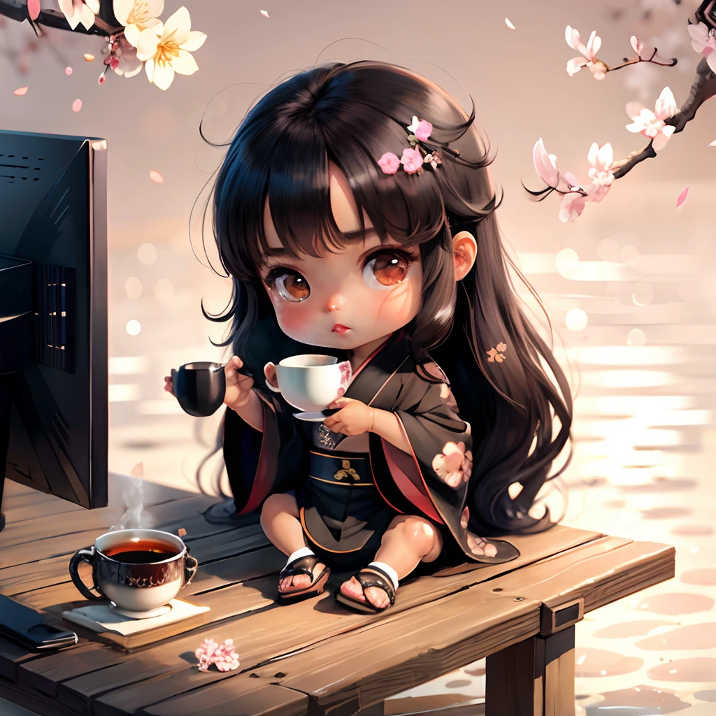 Cute brown skinned baby chibi anime, black kimono, drink tea, straight long black hair, in a frame, drink hot tea, cherry blossom, logo, black thick platform sandals