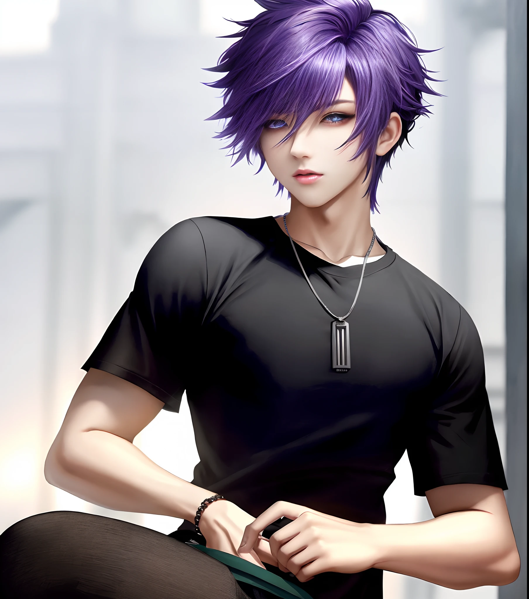 Englandtown, Professional Photos, shot from back, Photographed so that the whole body can be seen, shot from back, At Fed Man with Necklace, inspired by Sim Sa-jeong, androgynous vampire, :9 detailed face: 8, extra detailed face, detailed punk hair, ((Gray)) baggy eyes, Seductive. Highly detailed, semi realistic anime, Vampires, hyperrealistic , delicate androgynous prince, imvu, Bright purple hair, Gray eyes, Cool Korean fashion in black short sleeve t-shirt, Hiding both eyes with bangs, I can't see both eyes with bangs, Long bangs, short hair above the ears, Glaring expression, Wild look, looking distantly, high-level image quality, masterpiece, ((1 male human))