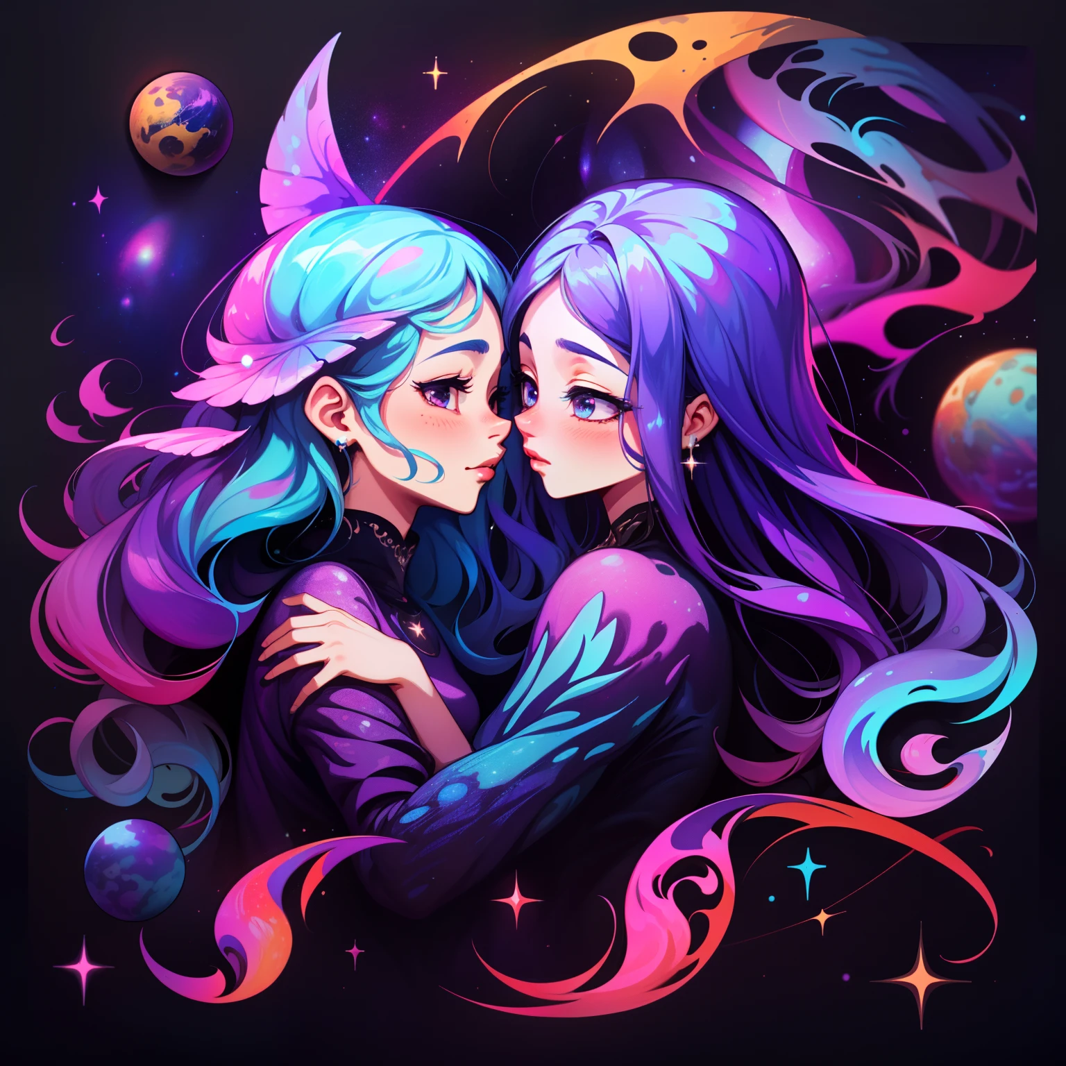 adesivo, fundo simples, portrait, 2 girls, couple, kissing, girl with long hair, beautiful galaxy girl, galaxy aesthetic, beautiful girl, very beautiful fantasy art, beautiful and elegant female galaxy, beautiful detailed fantasy, purple and blue color palate, purple color-theme