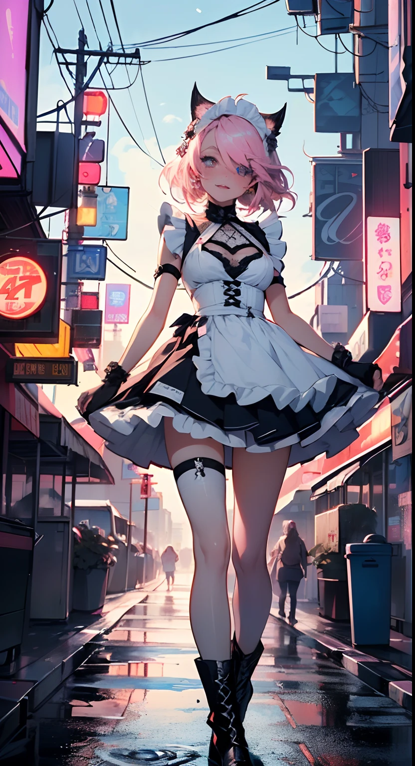 Super cute little maid cat girl,(((1girl))),(((little loli,small tiny body,petite))),(((6 years old))),((anime maid cat girl with extremely cute and beautiful pale pink hair walking seductively down the street)),(((cat girl,anthro furry cute,cat-girl))),(((tail,cat tail,cat ears,thin cat tail,cat ears on head,big cat ears))),
(large breasts:1.4),bountiful breasts,fluffy breasts,H cup bust,bust up,bulging bust top,(((pale pink messy hair:1.35,colored inner hair,messy hair,ear breathing))),((heterochromia,eye1 pink,eye2 yellow,perfect eyes,upturned eyes:1.3,beautiful detailed eyes,finely detailed beautiful eyes:1,big highlight on eyes:1.2,slanted eyes)),((fat)),(((lustrous skin:1.5,bright skin: 1.5,skin tanned,shiny skin,very shiny skin,shiny body,plastic glitter skin,exaggerated shiny skin))),(spider lower abdomen,narrow waist,wide hip,athletic body,inflated legs,delicate detailed fingers,detailed body,detailed arms,human hands,(detailed face)),(((short stature,small))),
cute,slutty,seductive,erotic,(((nsfw))),
zettai ryouiki,(maid headdress),maid uniform,Headdress,(maid),sleeveless,mini skirt,boots,cleavage cutout,bare legs,clothes with a lot of lace frills,(detailed outfit,detailed clothes),
(dynamic pose:1.0),solo focus,happy,((sweet smile)),,centered,scale to fit dimensions,Rule of thirds,
outdoors,((night view)),(very pretty city neon synthwave,cyberpunk night street Background:1.5,dark sky,thick clouds),future vehicles,((neon lights)),thick clouds,(cyberpunk style,neon lights, (synthwave theme background), lonely street),(((detailed background:1.25))),
(best quality),(high resolution),(sharp focus),(ultra detailed),(extremely detailed),(extremely high quality artwork),8k_wallpaper,(extremely detailed CG 8k),(very fine 8K CG),((hyper super ultra detailed perfect piece)),flawless,(((masterpiece))),illustration,vibrant colors,(intricate),High contrast,Selective lighting,Double exposure,HDR (High Dynamic Range),Post-processing,Background blur,