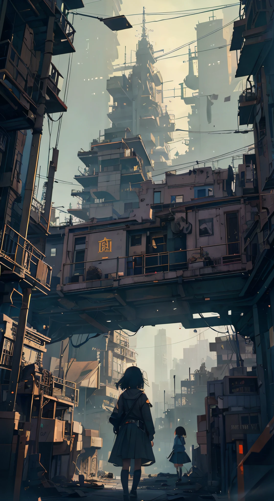 A ray of hope in a dystopia、A young girl wanders into a dark Chinese skyscraper、One little girl's back in the back center of the screen、Very complex cityscape、a devastated world、pulling composition、industry、high-definition depiction、A city lined with electric wires、Make a story with 4 sheets