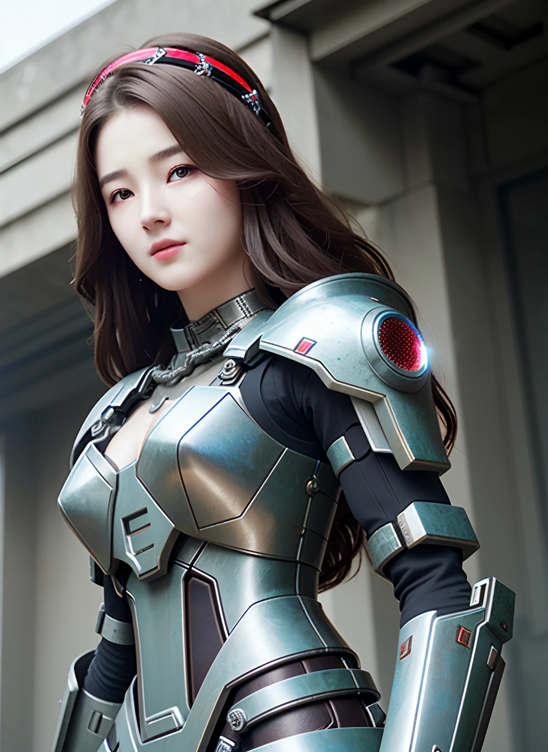 (Nancy McDonie)，Dark_Fantasy,Cyberpunk,(chain saw,chain saw man,Red:1.1),1man,Mechanical marvel,Robotic presence,Cybernetic guardian, wearing a worn-out mech suit, intricate, (steel metal [rusty]), elegant, clear focus, shot by greg rutkowski, soft lighting, vibrant colors, masterpiece, ((street)), cowboy shot, dynamic pose,((Best Quality)), ((Masterpiece)), (Very Detailed: 1.3), 3D, Shitu-mecha, Beautiful cyberpunk woman wearing crown with her mecha in ruins of a city in forgotten war, long silver hair, sci-fi technology, HDR (High Dynamic Range), ray tracing, nvidia RTX, super resolution, unreal 5, subsurface scattering, PBR texture, post-processing, anisotropic filtering, depth of field, maximum sharpness and sharpness, multi-layered texture, Albedo and specular mapping, surface shading, accurate simulation of light-material interactions, perfect ratios, octane rendering, duotone lighting, low ISO, white balance, rule of thirds, wide aperture, 8K RAW, high efficiency sub-pixels, subpixel convolution, luminous particles, light scattering, Tyndall effect