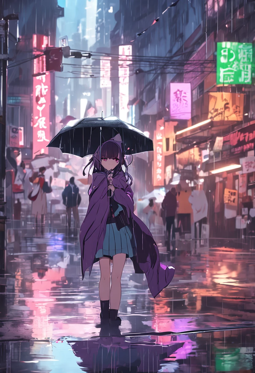 (8k, best quality, master piece: 1.2),super high resolution,1 girl, 独奏, ((colorshift eyes, hyperdetailed, expressive eyes)), ultra-detailed face, random hair, random color, Ecstatic expression, Back view, Girls holding umbrellas together on a rainy day。The silhouette seen from behind is beautiful.。Transparent raincoat、Hair on the back、Boots。