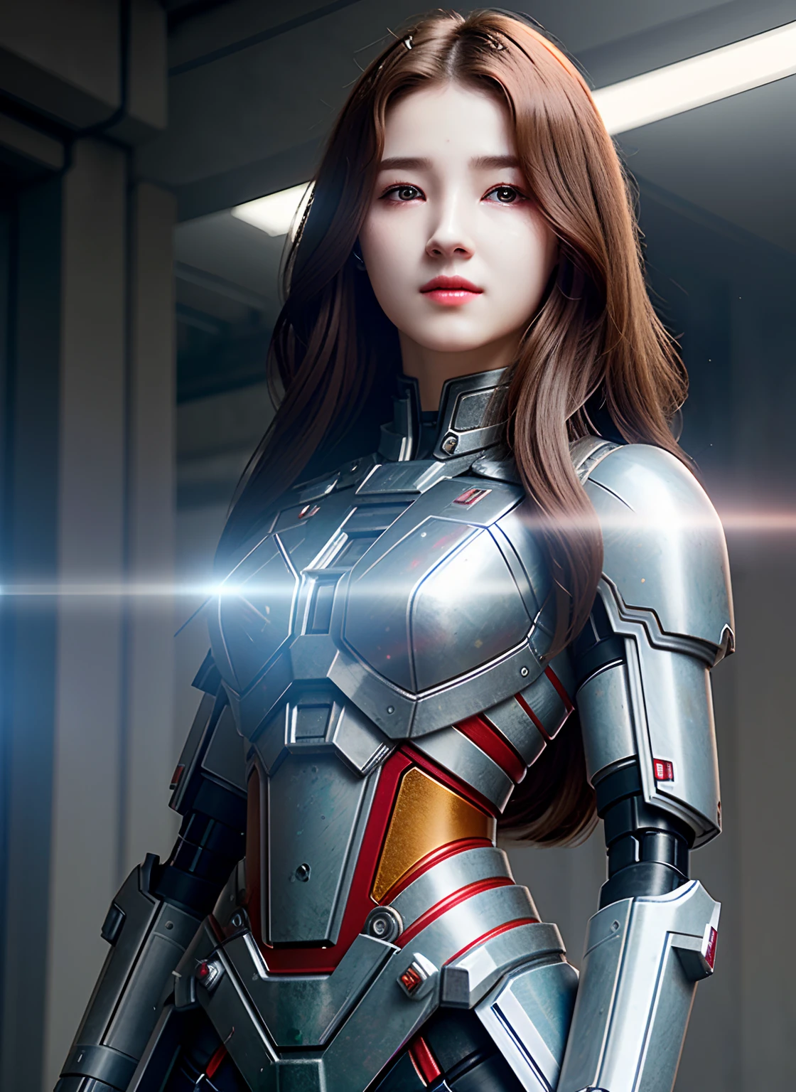 (Nancy McDonie)，Dark_Fantasy,Cyberpunk,(chain saw,chain saw man,Red:1.1),1man,Mechanical marvel,Robotic presence,Cybernetic guardian, wearing a worn-out mech suit, intricate, (steel metal [rusty]), elegant, clear focus, shot by greg rutkowski, soft lighting, vibrant colors, masterpiece, ((street)), cowboy shot, dynamic pose,((Best Quality)), ((Masterpiece)), (Very Detailed: 1.3), 3D, Shitu-mecha, Beautiful cyberpunk woman wearing crown with her mecha in ruins of a city in forgotten war, long silver hair, sci-fi technology, HDR (High Dynamic Range), ray tracing, nvidia RTX, super resolution, unreal 5, subsurface scattering, PBR texture, post-processing, anisotropic filtering, depth of field, maximum sharpness and sharpness, multi-layered texture, Albedo and specular mapping, surface shading, accurate simulation of light-material interactions, perfect ratios, octane rendering, duotone lighting, low ISO, white balance, rule of thirds, wide aperture, 8K RAW, high efficiency sub-pixels, subpixel convolution, luminous particles, light scattering, Tyndall effect