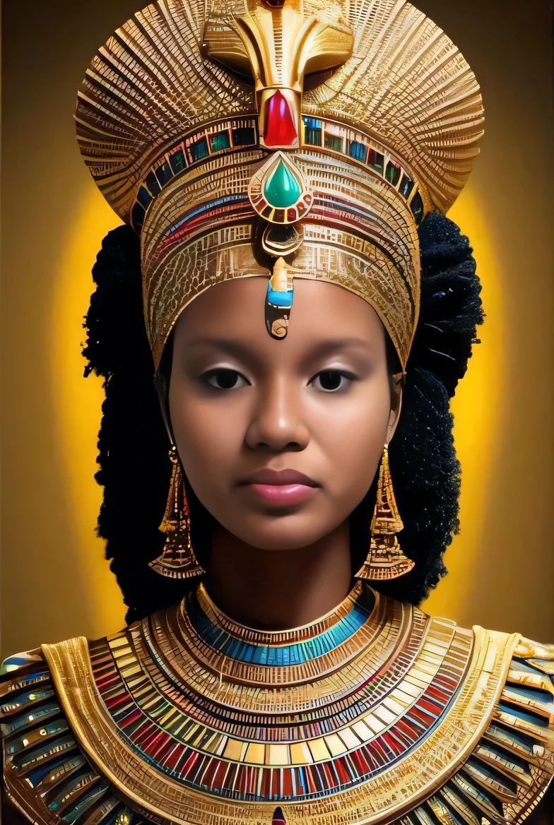 uma mulher em um cocar de ouro e um colar azul, wearing an egyptian crown, Rainha africana, Princesa negra africana, beautiful cleopatra, black emma watson as egyptian, Egyptian Princess, Princesa Libu antiga, Princesa africana deslumbrante, kemetic, Princesa Africana, cleopatra portrait, Egyptian makeup, cleopatrah, rainha bonita, brown skin man egyptian prince, Um retrato impressionante de uma deusa