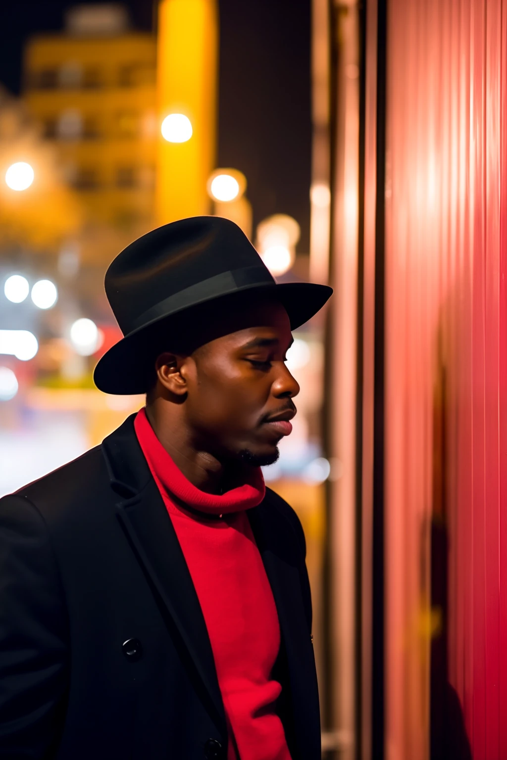 Black man in suit and black hat, usando gravata vermelha, em uma esquina de uma cidade do Brasil, de noite, fumando um charuto, neblina no ambiente