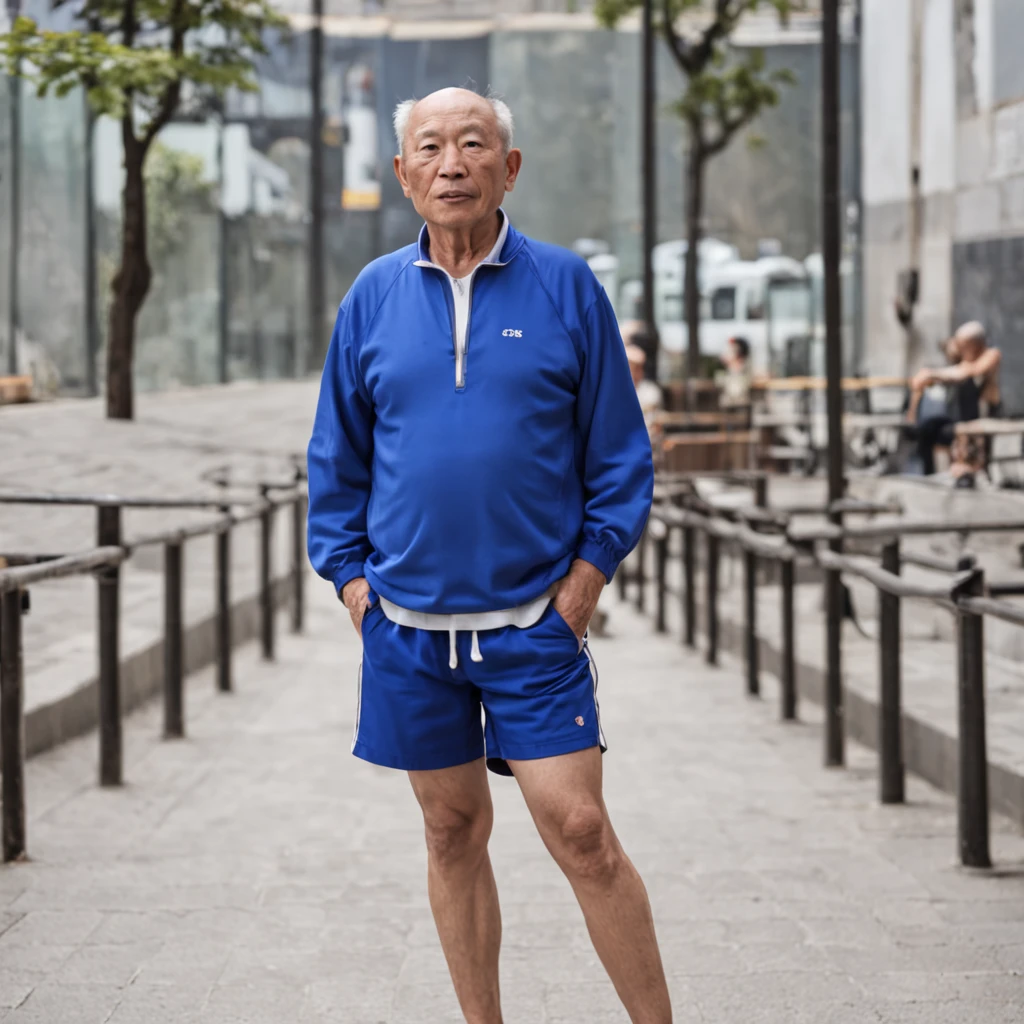 On the sidewalk stood a Chinese man in blue shorts。。, age 55,Inspired by the portrait of Yves Klein, shutter inventory, Photorealism, Blue shorts, Bare-chested shoulders, Short middle-aged man, sweat shorts,, is wearing a shorts, Athletic shorts, Short shorts, is wearing a shorts