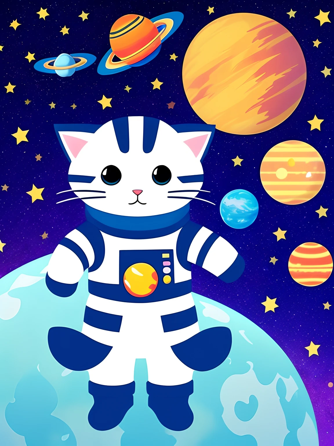 Single cat in space alone, cat wearing a space suit, cute with paws, funny, surprised, background of realistic stars and planets