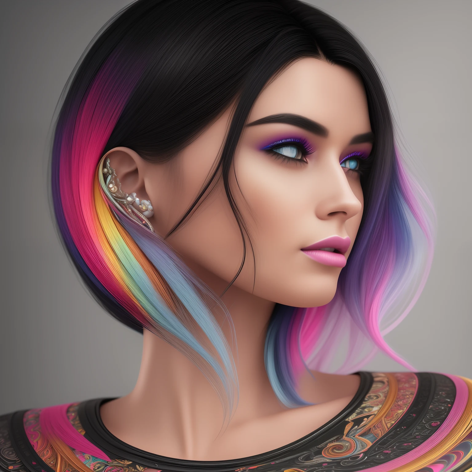 hyperdetailed, photorealistic, hyperrealistic portrait, cinema 4d, 8k resolution, 64 megapixels, CGSociety, ZBrush Central, HD, hypermaximalist, masterpiece, 4k, portrait of a beautiful woman with black hair and black eyes clothed in black clothes, Anna Dittmann, ivory carving, rainbow fractal rainbows, vivid colors