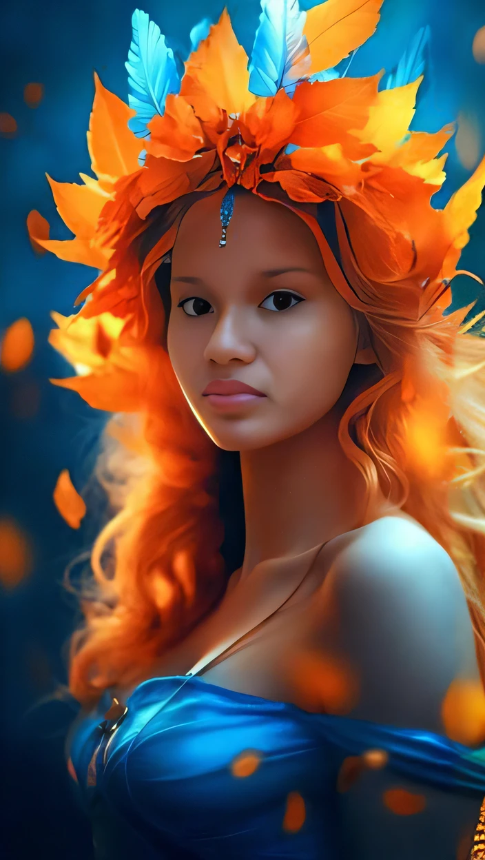 a close up of a woman with a flower crown on her head, beautiful autumn spirit, pele laranja e cabelo ardente longo, cabelo laranja brilhante, Deusa do outono, orange flowing hair, orange halo around her head, lindo arte digital, cgsociety cores saturadas, Directed by: Alexander Kucharsky, bela arte digital, linda arte digital linda, folhas laranjas e castanhas para o cabelo