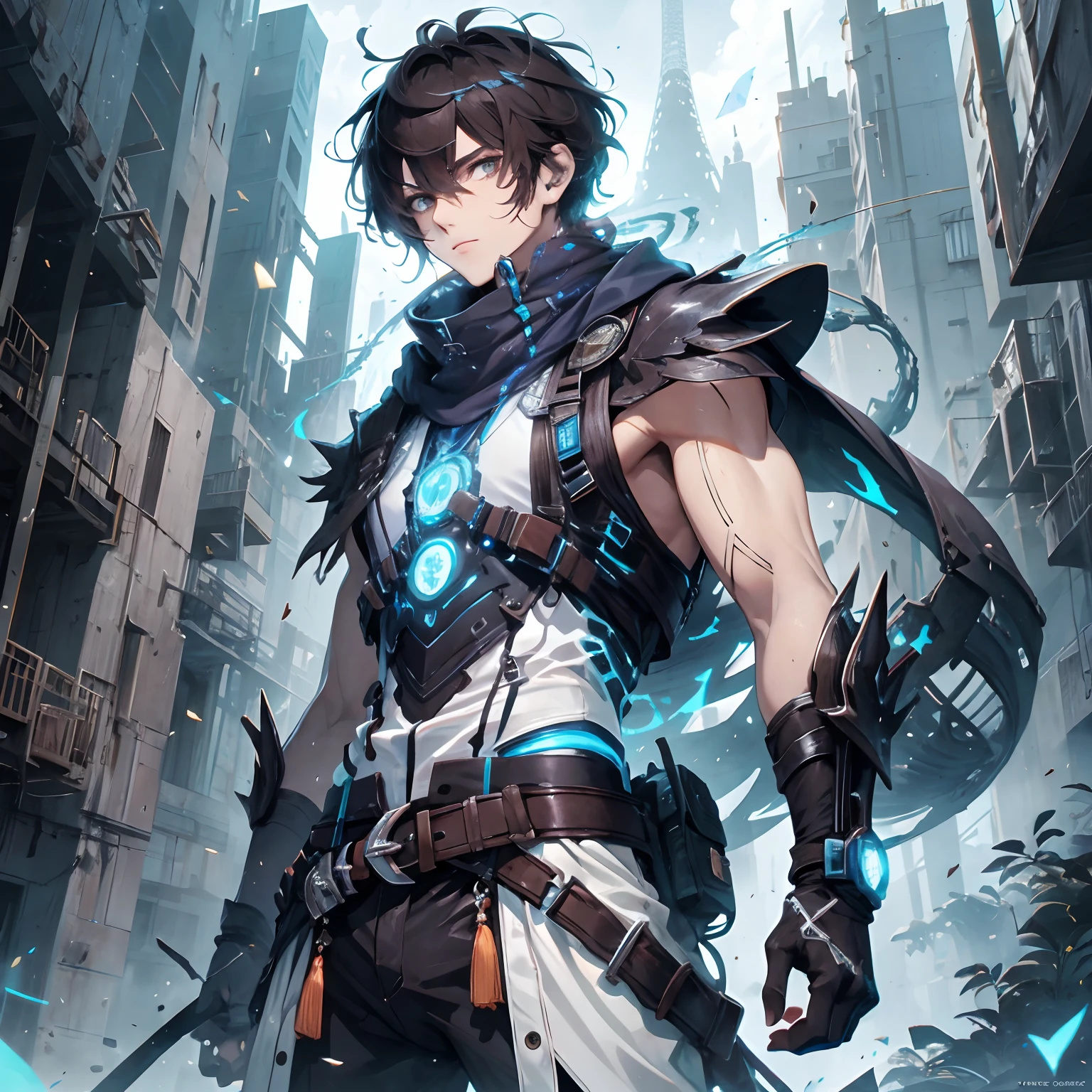 (absurdres, highres, ultra detailed), masterpiece, best quality, real light and shadow, solo, a boy with dark brown hair, sleeveless outfits, handsome, buff, finely eye, detailed face, detailed eye, scarf, blue clothes, white clothes, gray clothes, arm braces, futuristic technology, from below, look down, futuristic earpiece,futuristic city, swirl, spark, cowboy shot, BREAK, dark brown eyes