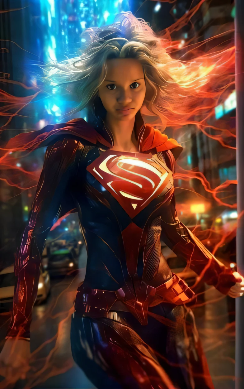 uma mulher em um traje vermelho e azul correndo por uma cidade, Supergirl, Emma Watson como Supergirl, visual de anime de Supergirl, Gal Gadot como Supergirl, sem texto, Ela tem poderes de fogo, krypton, super high resolution, Menina do poder, 8k)), foto de perfil, Gal Gadot como Senhor do Inferno, Erin Moriarty como Feiticeira Escarlate