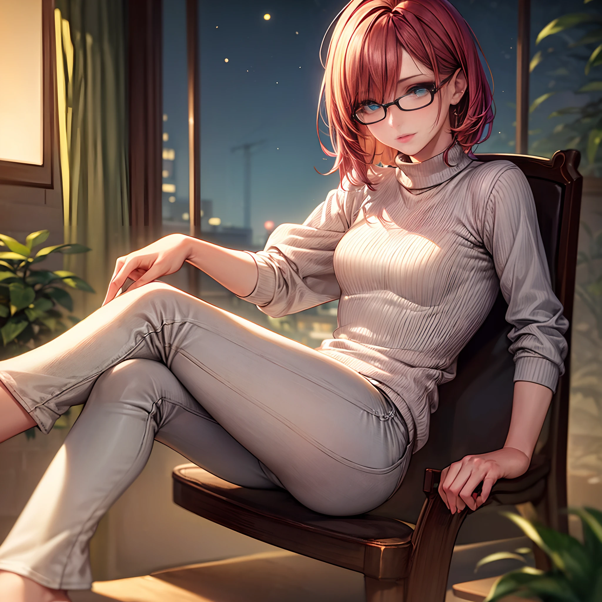 ((masterpiece)), ((best quality)), ((highly detailed)), (best quality, 8K, (masterpiece:1.3)), 1girl, female focus, mature female, (full body), a gorgeous 24 years old fresh graduated college student girl sitting in a chair drinking coffee, glasses, white sweater, skinny blue jeans pants, (bright pink hair with wispy bangs and layered (medium haircut:1.05)), detailed hairs, teal eyes, (eyelashes:1.1), detailed lips, (matte pink lipstick:0.4), (detailed face and eyes:1.3), small breasts, (medium breasts:1.05), (skindentation), open window, night sky, (dimly lit:1.4), realistic lighting, natural soft light, dynamic lighting,