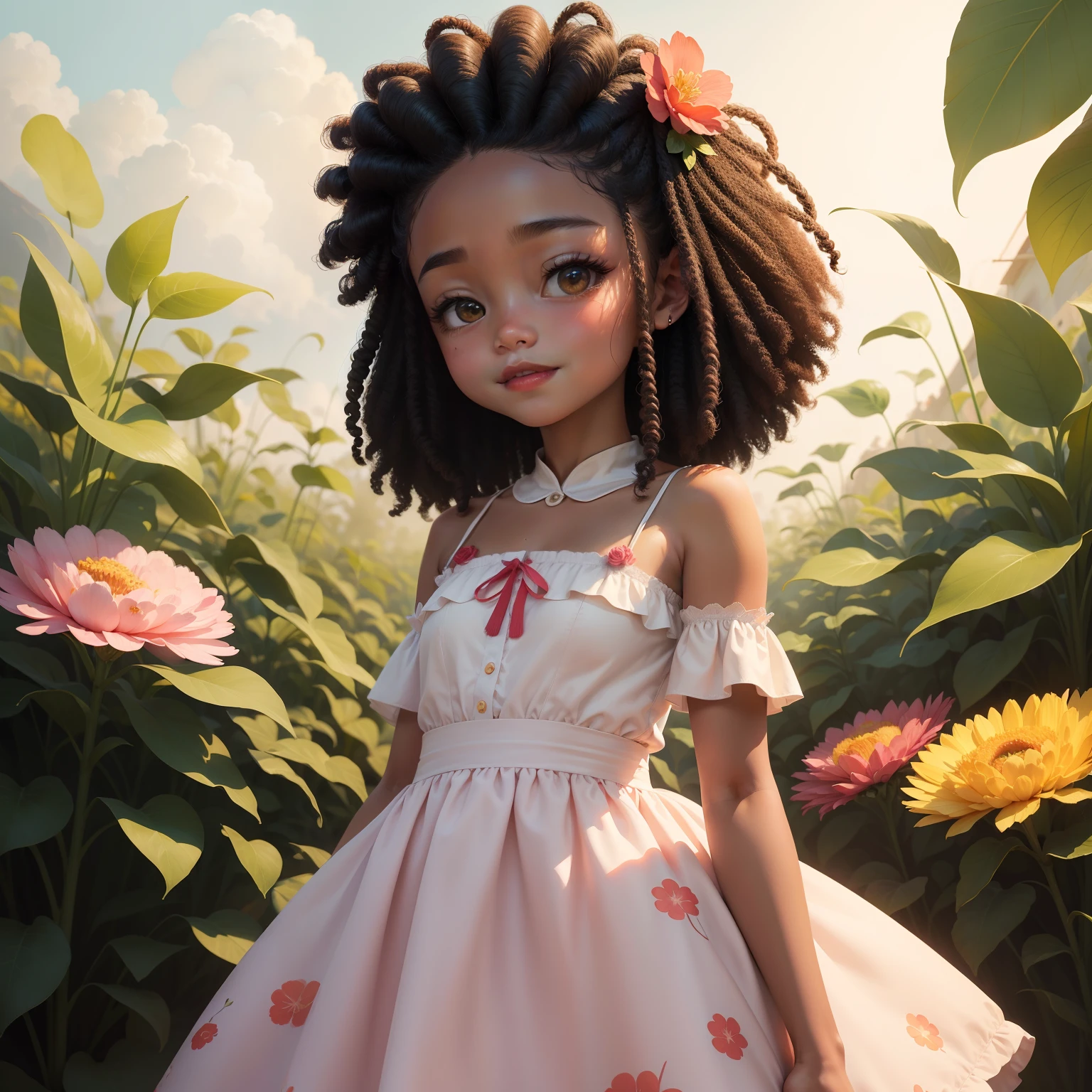 There's a happy 7-year-old Afrodecendent girl , sorridente, dreamer standing in a field of pink flowers and roses, painting digital adorable, black curly hair with pink bows, Arte infantil em Artstation, arte digital detalhada bonito, bela arte digital, Beautiful digital illustration, bela arte digital, 8 mil, trending in the artstation", , Nice pink children's dress, Fantasia pintura escura，simples, arte fofa, bonito 3 d render