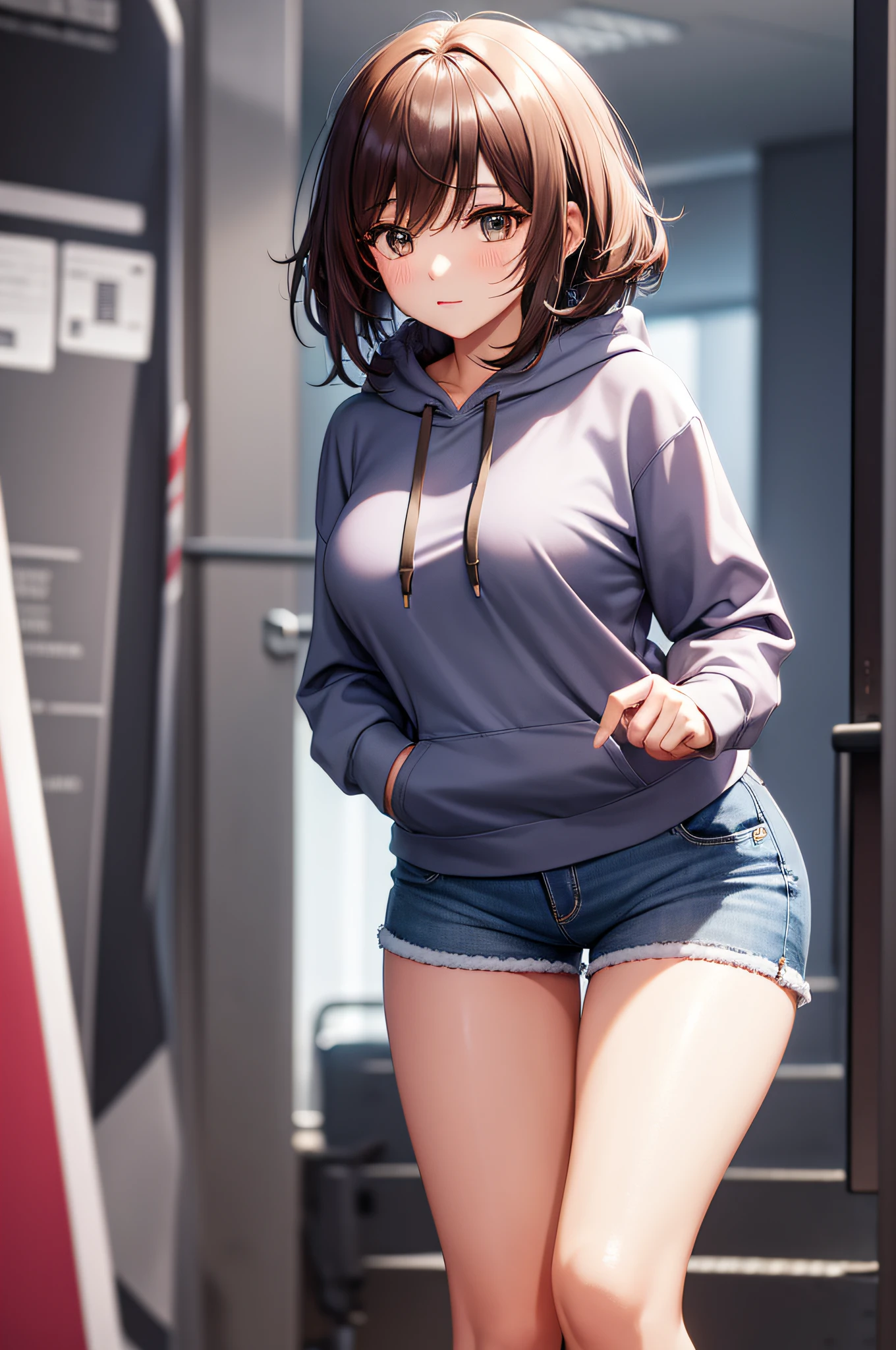 Woman wearing a short hoodie with tight shorts, fluffy hair