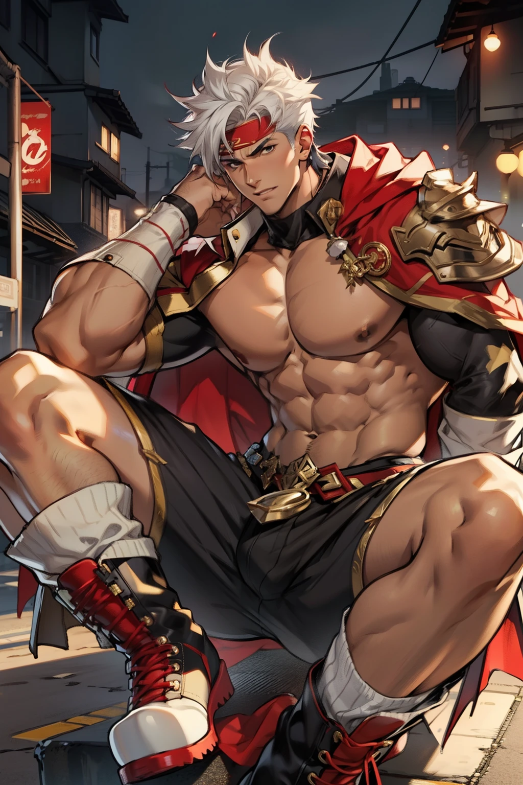 Highest image quality，male people，*****，1 boy，Young and handsome，shoun，White color hair，Short flat top hair，Dark  skin，anime big breast，anime wallpaper，Solo，malefocus，Briefs，Dilation of the pectoral muscles，Red cape，Bulging crotch，Urban background，spread their legs，Sexy,(Masterpiece, Best quality),Long white socks，Red Martin boots，