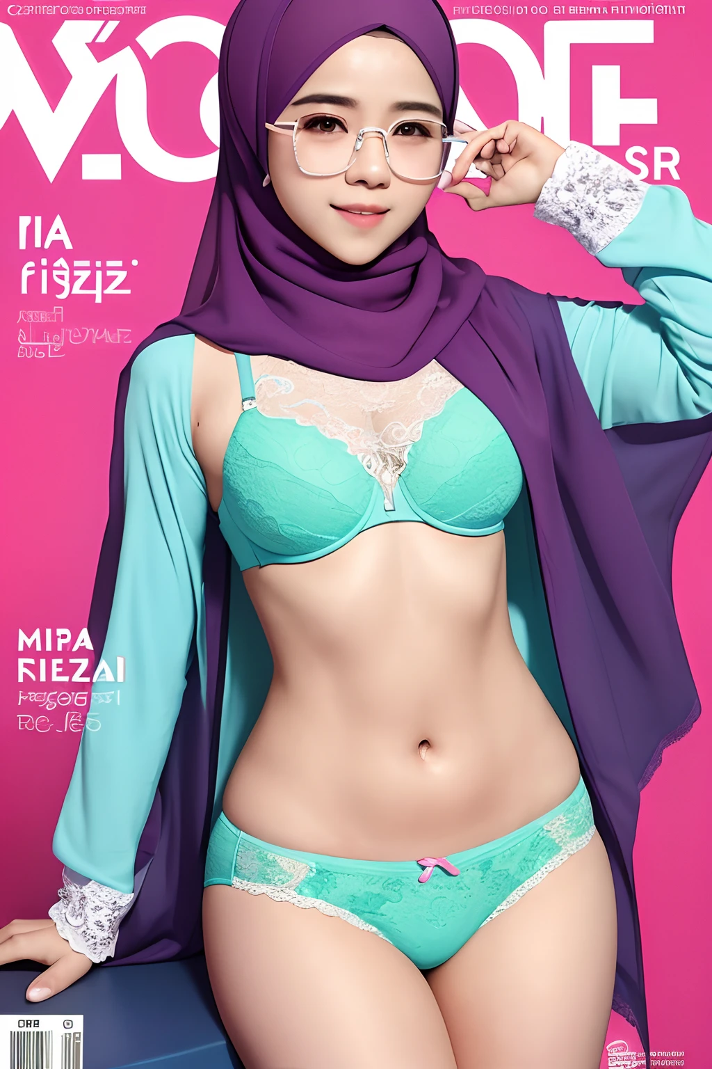 masterpiece, best quality, malay girl, (mira filzah:1.5), colorful hijab, eyewear, glasses, pastel colorful lace bra and panties, outdoor, magazine cover ,upper body, slim abs, wide hips,