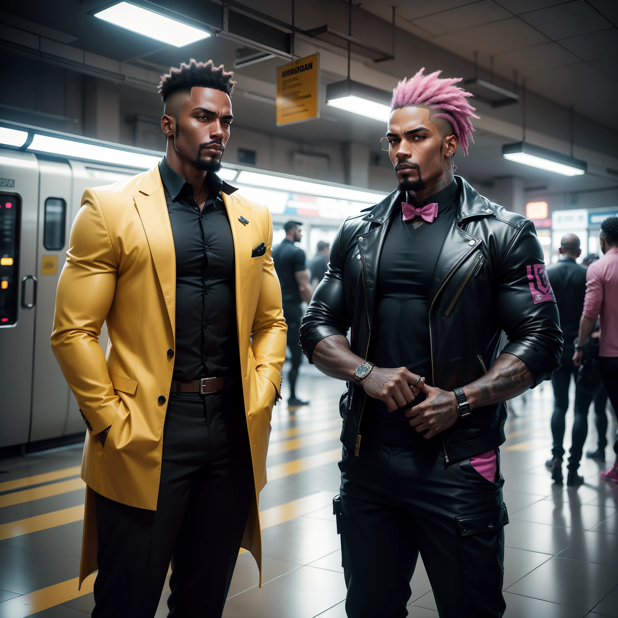 I'd like a cyberpunk style image in 4k average photo of two black characters ,30 anos de idade,,africano, forte, musculoso,Bodybillder,muito forte de pele negra ,barba grande,barba, Estiloso Barbon,com cabelo punk estilo anos 80 na cor amarelo e cinza escuro,muito eLegante,, futurista e estiloso neon , com uma tatuagem super colorida e com neon ,Toattoo, facing a metro station on the platform , with station lights failing in a dimly lit environment, standing dressed in a dark yellow suit with a pink bow tie and baggy shirt.