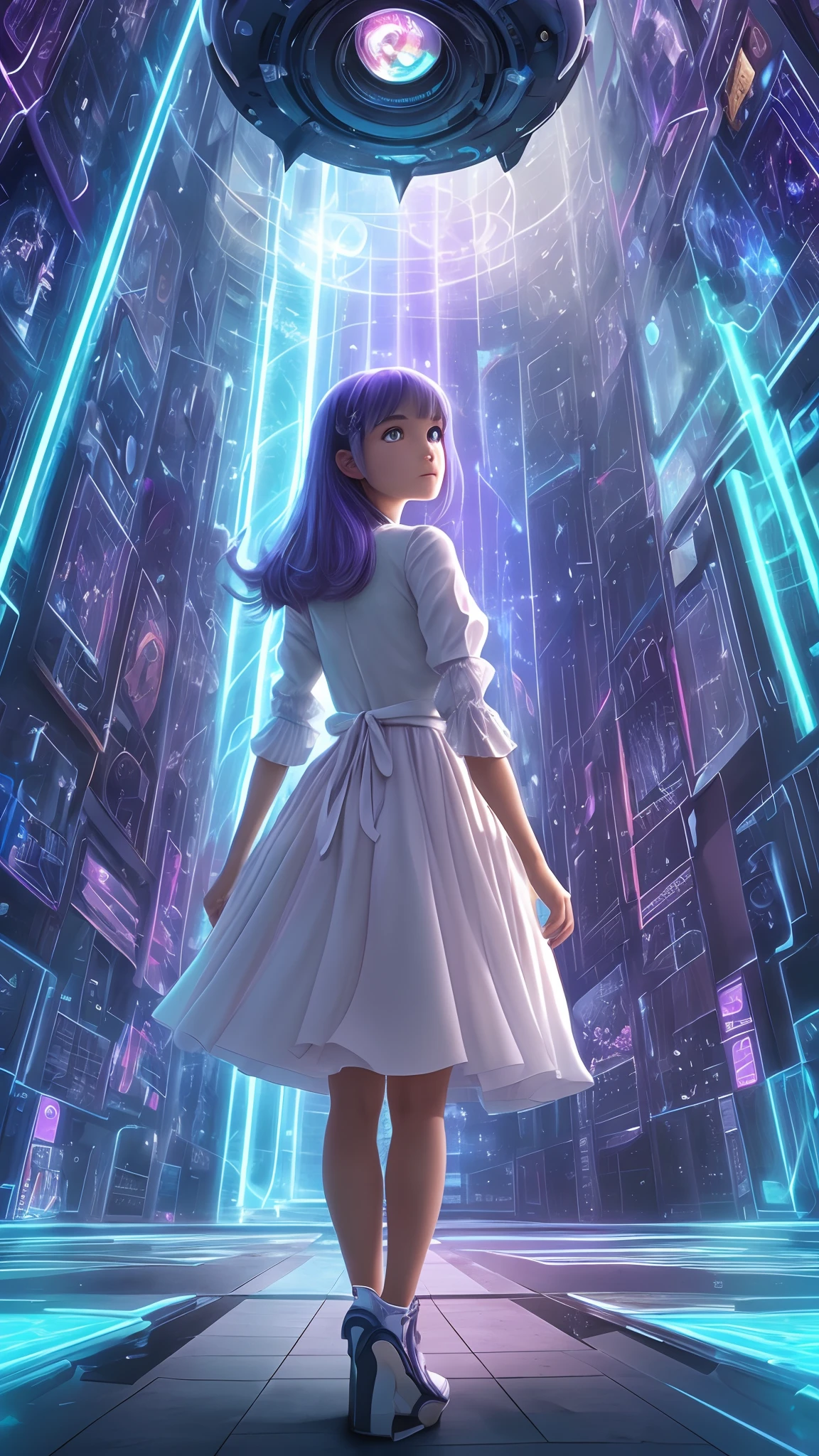 Dreamy, romantic, a girl from the future, looking into the camera,wearing a white dress, standing in front of the high-tech installation, With your back to the blue-purple portal::1.2, her eyes shining with hope, because she is about to cross the portal and explore another unknown world, this world full of technology and fantasy, the whole scene is full of strange creatures and buildings and flying machines, It makes people feel infinite possibilities. A portal is a high-tech device that glowed blue-purple, giving a sense of mystery and the future. The girl's positive expression and posture show her curiosity and courage to the unknown world, producing a strong desire to explore, surrealistic style, masterpiece, 8K, the best quality, --auto --s2