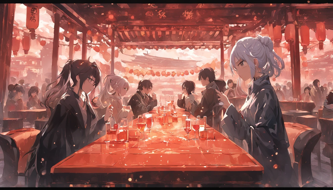 Scene of a group of good friends drinking at a long wine table,The wine table extends to the Chinese-style architectural bar in the middle of the picture,Surrounded by modern high-rise buildings,C4D,fisheyelens,Perspective effect,Hyper-detailing,Advertising design