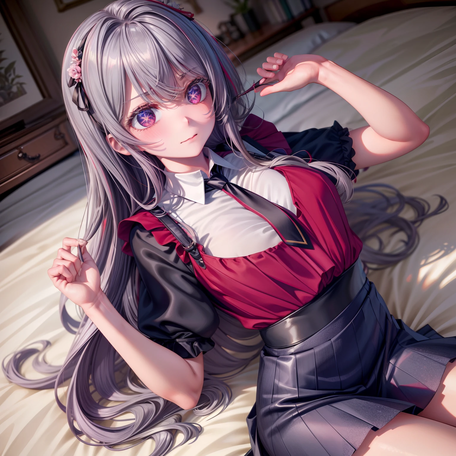{Best quality}, {ultra - detailed}, {very detailed illustration}, silber hair, Aimei, embarrassed from，nedium breasts，Red blush，black necktie，{suspender skirt}，Suspenders，skirt by the，Casual clothing，a bed，Cool eyes，maid，lay on back，Chest rubbing