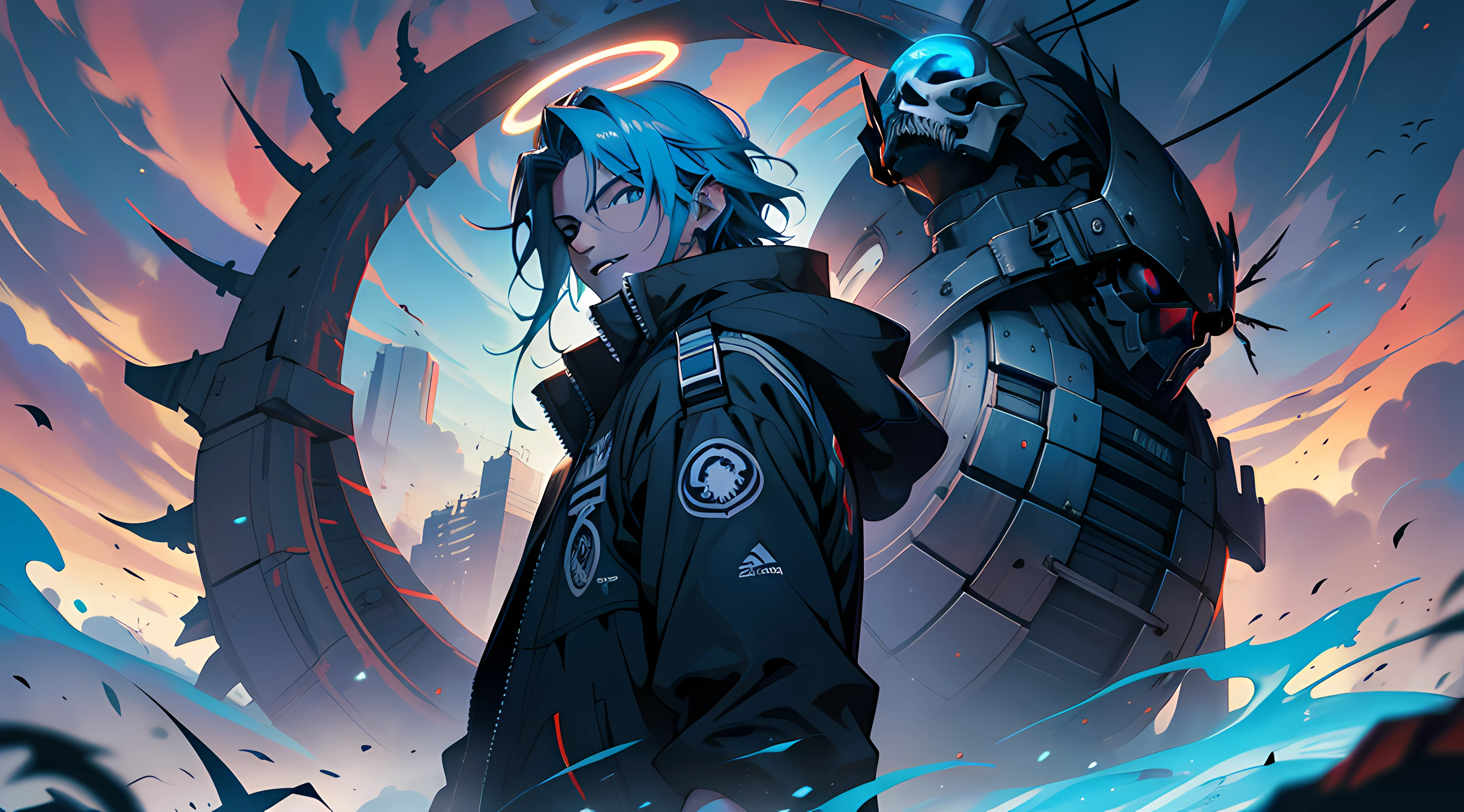 masculino,1hombre,1child,Anime man with a white skull mask A floating halo crown with bright blue thorns on the head ,Cara cubierta,((Mask skull)),((Halo Corona Espinas)),con un atuendo negro parado frente a un edificio, Chaqueta con capucha con espinas de halo flotando en los lados azul y brillante, epic digital art illustration,Brilliant and epic, epic anime style, Hombre de anime cyberpunk con sudadera con capucha,Hombre Masculino Cyberpunk Anime,unknown artstyle, Presagio de Valorant, Arte digital de Danganronpa, Mejor fondo de pantalla de Anime 4K Konachan, Dios retorcido sin rostro, Badass Anime 8K, Trigger anime artstyle, The gloomy Reapper, Fanart de alta calidad,Cartoon illustration of a smiling man with a floating crown on his head, sonrisa malvada y brillantes ojos azules, Cyril Rolando y Goro Fujita, epic digital art illustration, Brilliant and epic, epic portrait illustration, unknown artstyle, En el estilo Dan Mumford Artwork, Hero 2 d Fanart Artsation, sonrisa malvada, Rey del Segador del Tiempo, Aterradora Reina de la Muerte,Retrato de personaje de DarkSynth,Focus on the character from afar,Manos perfectas,Manos bonitas,((cabello azul con degradado)),Ojos verdes con degradado amarillo, Urbansamurai, TechWear,Camera seen from below,ojos perfectos,ojos bonitos,ojos detallados,Ojos verdes con degradado amarillo.