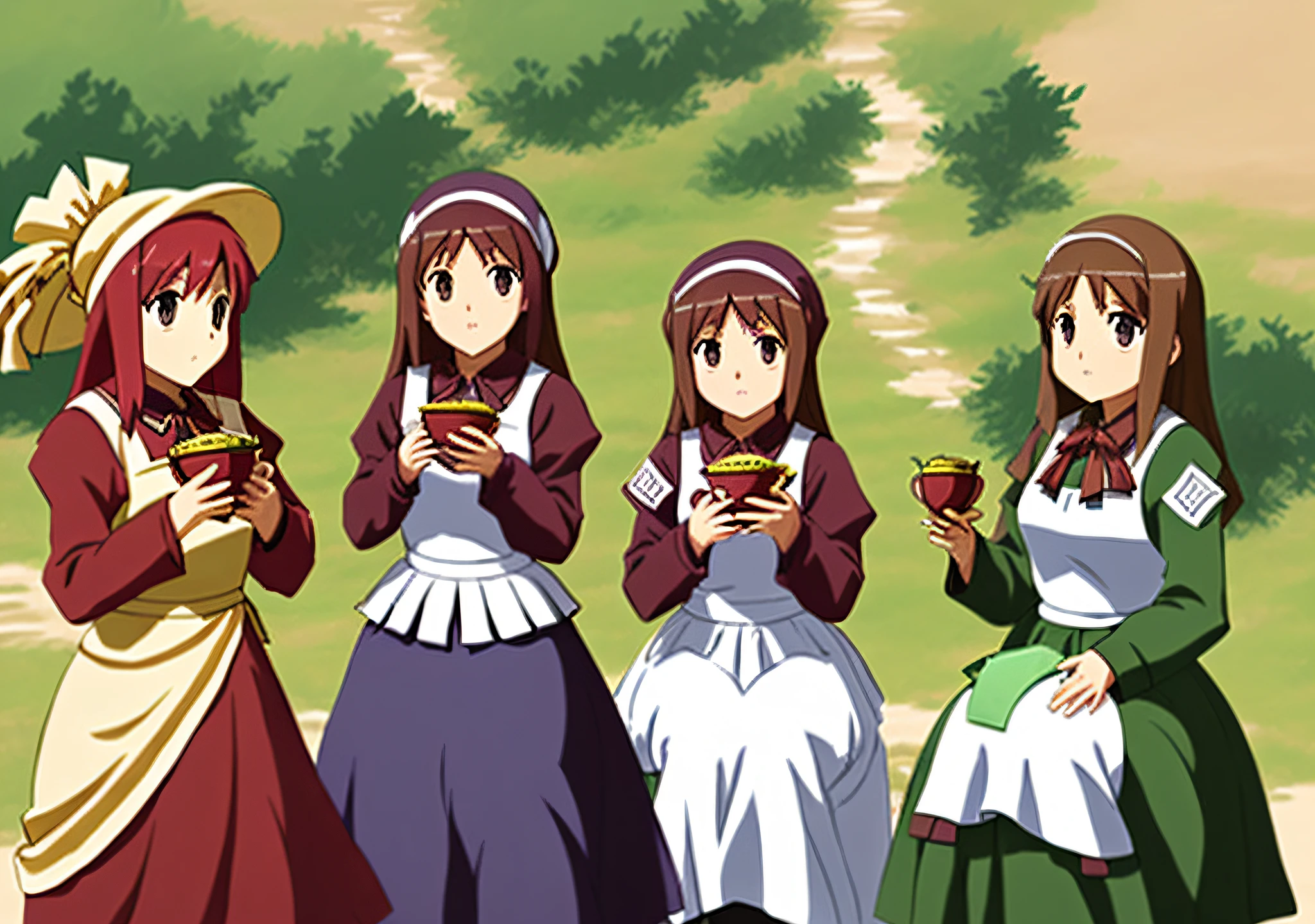 duas s bonitas, empregada, seios grandes, drinking tea, menina seios grandes, estilo anime isekai, poucos detalhes