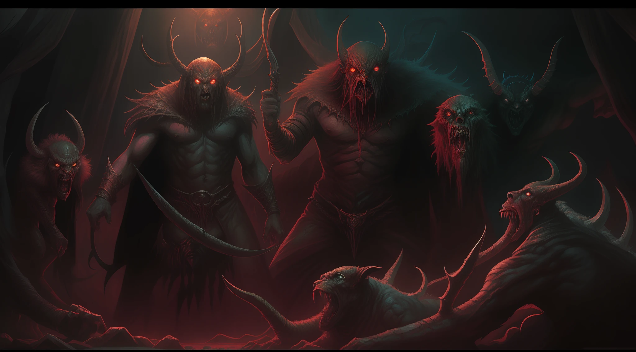 arafed image of a group of demonic creatures in a dark room, concept art inspired by Jeff Easley, Artstation contest winner, sots art, detailed 4k horror artwork, dark fantasy artwork, horror fantasy art, dark fantasy horror art, jeff easley cinematic, dug stanat macabre art, d&d artwork, fantasy horror art