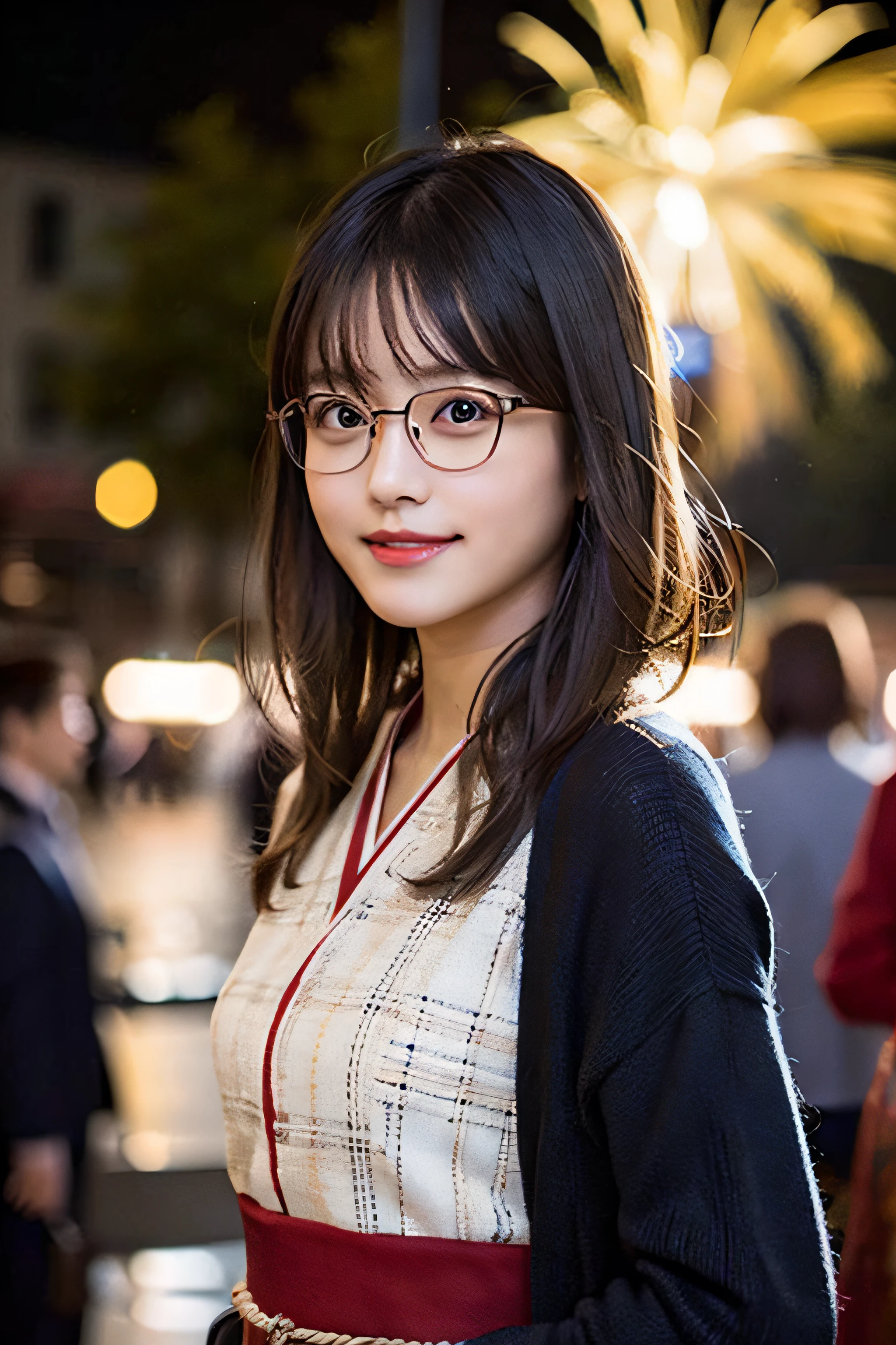 (8K、Raw photography、top-quality、masterpiece:1.2)、(realisitic、Photorealsitic:1.37)、ultra-detailliert、超A high resolution、女の子1人、see the beholder、beautifull detailed face、A smile、Constriction、(Slim waist) :1.3)、casual cotton kimono、Beautiful detailed skin、Skin Texture、Floating hair、Professional Lighting、Fireworks Venue、Rimmed glasses、Whole human body、Brown hair