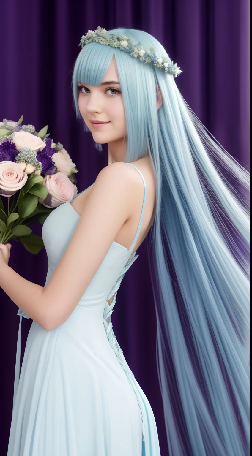 (master piece) brynhildr lancer fgo,20-year old,pure,happy,affectionately gaze,laurel wreath,bride dress,shyly pose, pretty round face,tall,very skinny,slender,light blue hair, cross-cut bangs strongly leans to the right,detailed hair,hugged a bouquet