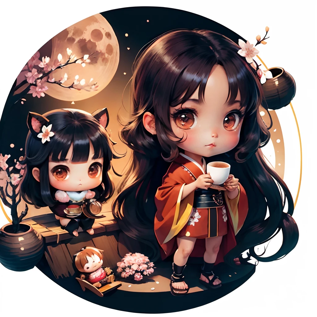 Cute brown skinned  chibi anime, black kimono, drink tea, straight long black hair, in a frame, drink hot tea, cherry blossom, logo, black thick platform sandals, circle frame background, moon