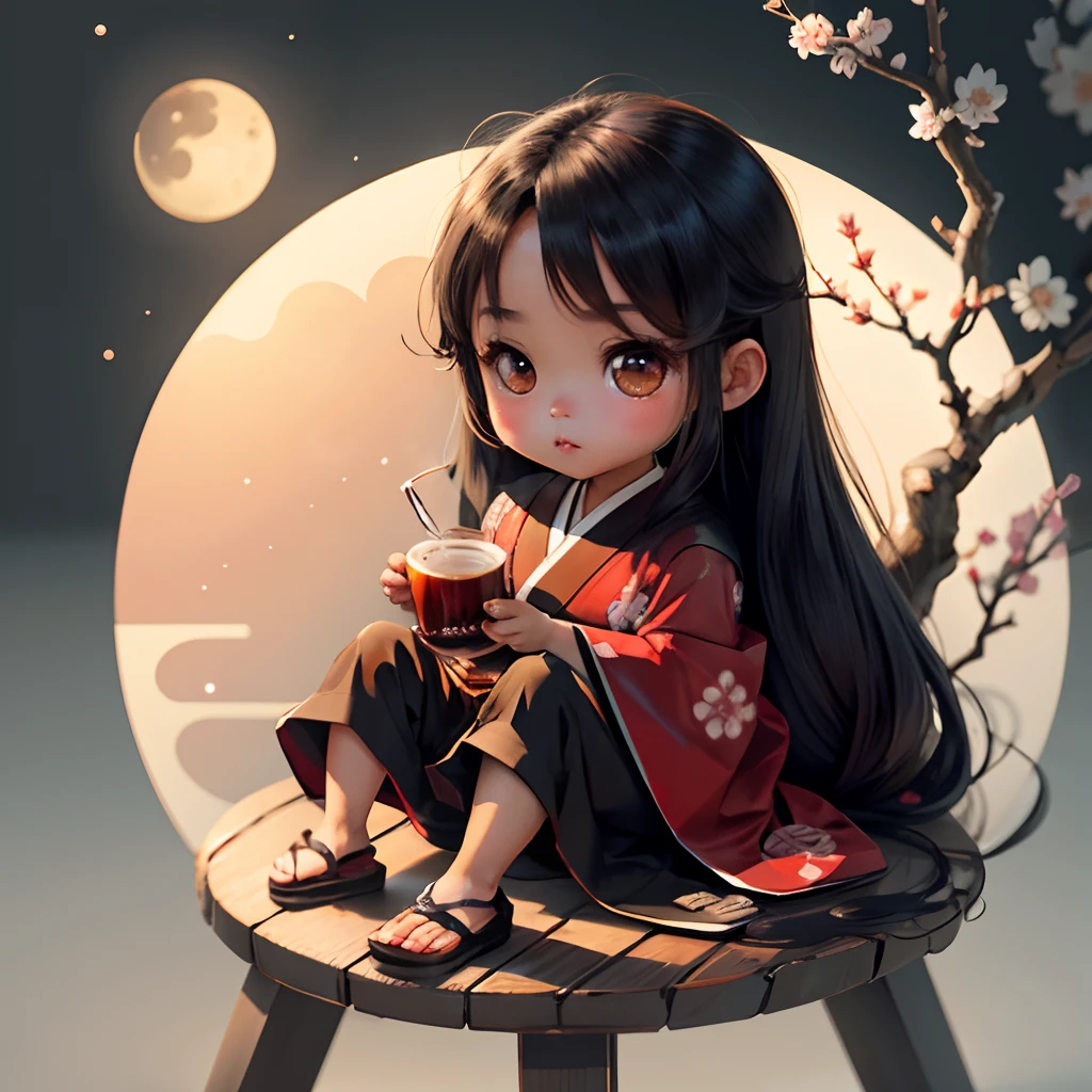 Cute brown skinned baby chibi anime, black kimono, drink tea, straight long black hair, in a frame, drink hot tea, cherry blossom, logo, black thick platform sandals, circle frame background, moon