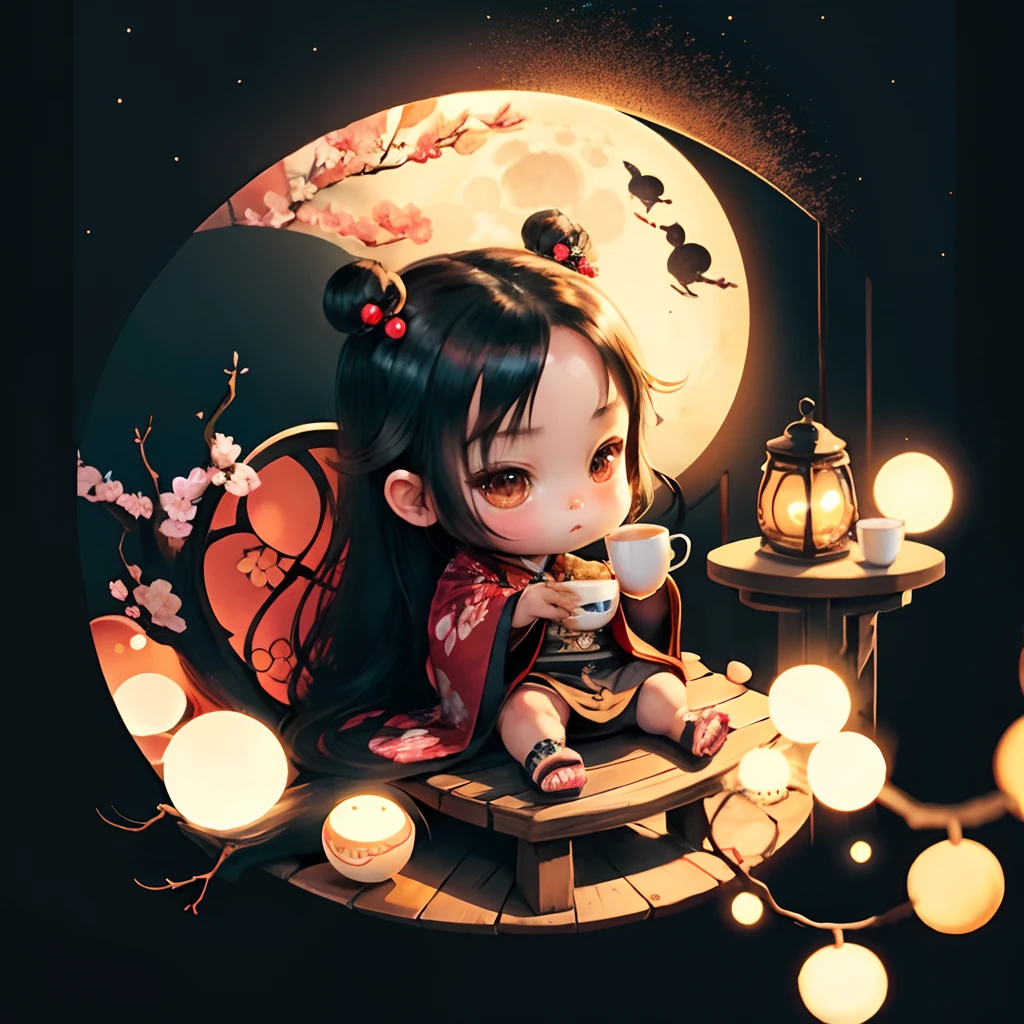 Cute brown skinned  chibi anime, black kimono, drink tea, straight long black hair, in a frame, drink hot tea, cherry blossom, logo, black thick platform sandals, circle frame background, moon