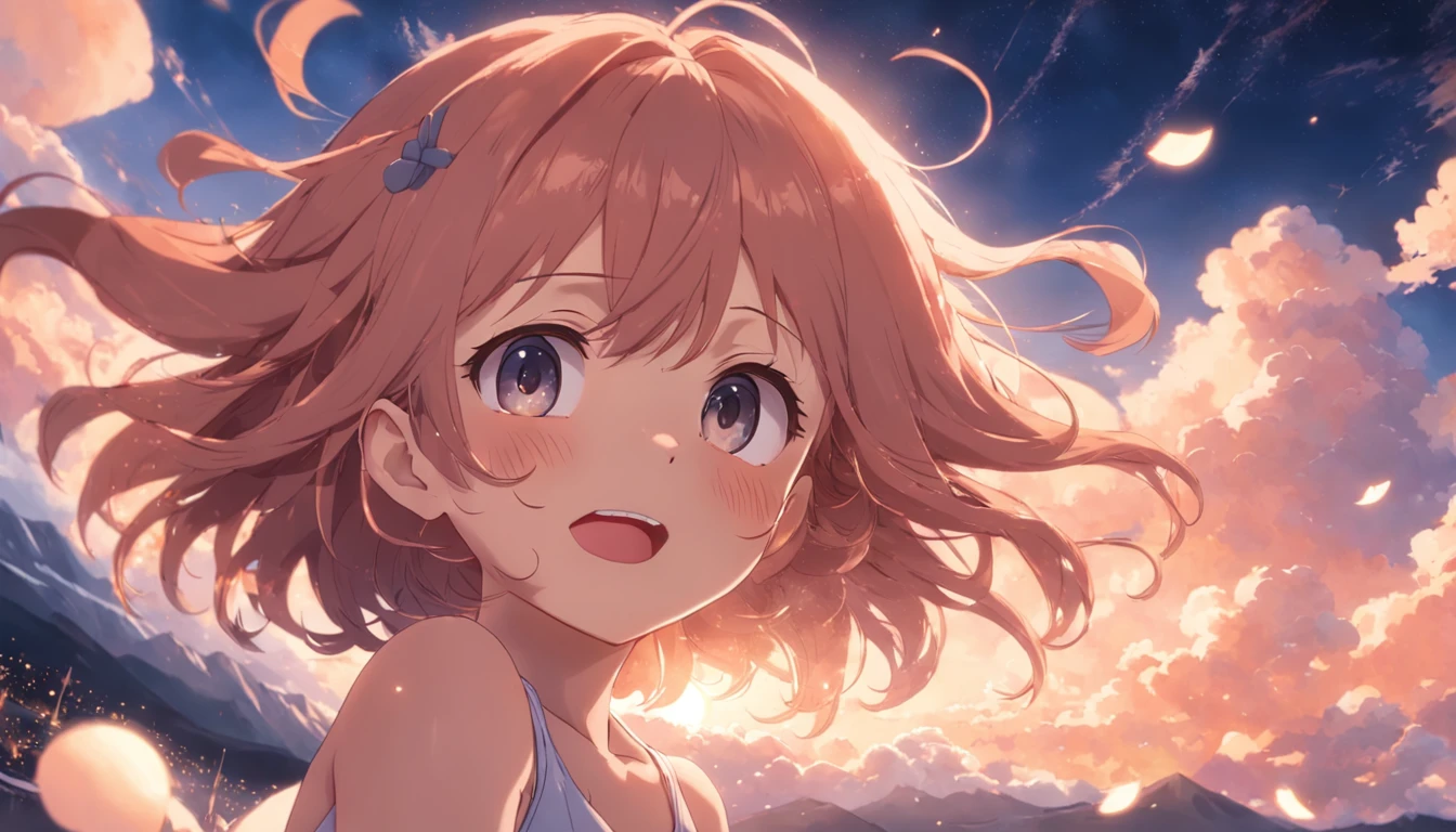 tmasterpiece, best qualtiy, cinematic Film still from, 1girll, Cloud Girl, Floating in the sky, closeup cleavage, brightly, cheerfulness, Warm and soft lighting, the sunset, (spark of light:0.7), saori, in style of kyoto animation, Kyoto Animation, Perfect anime face, Cute emoji face, anime best girls, Tearful smile.