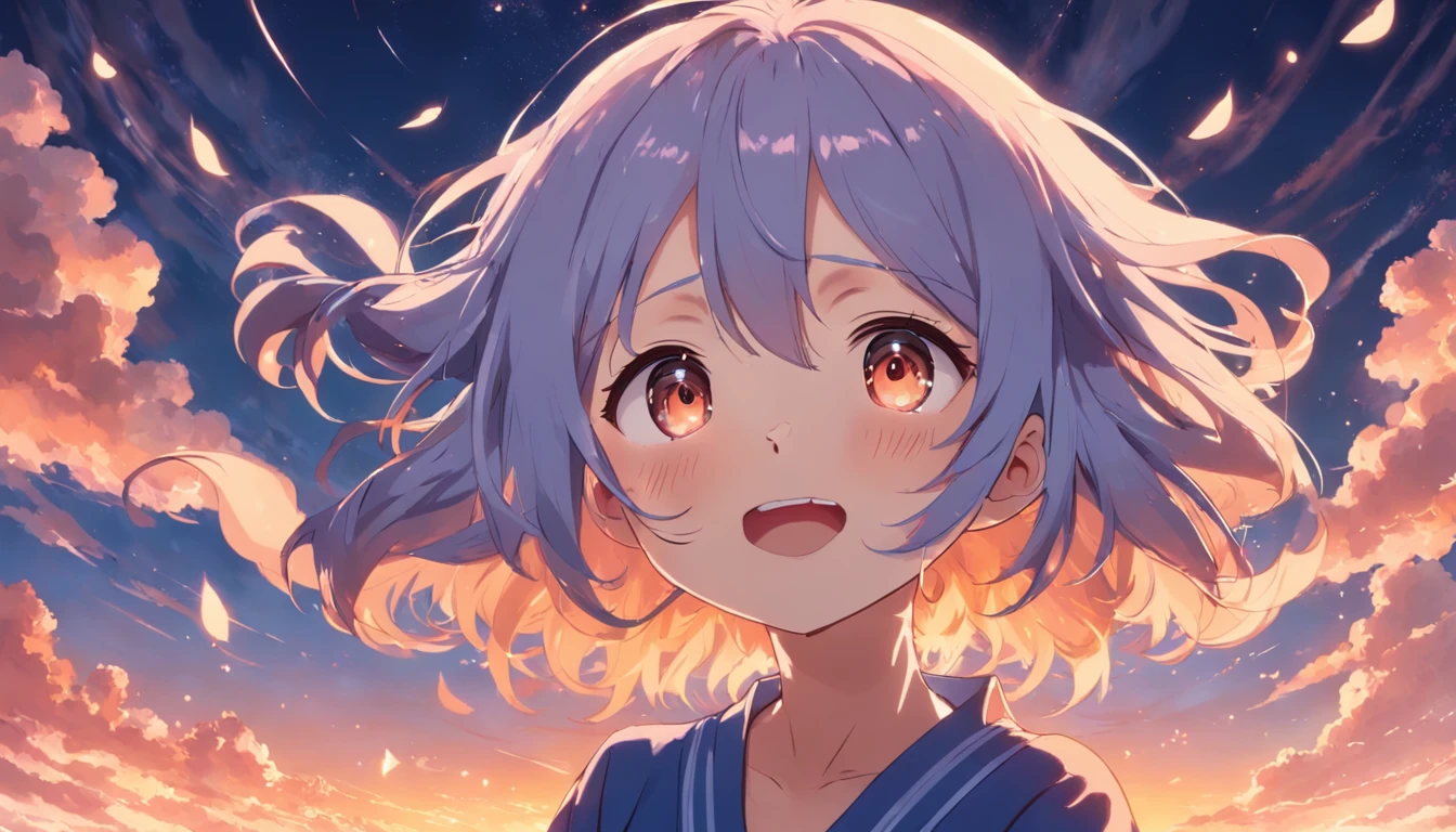 tmasterpiece, best qualtiy, cinematic Film still from, 1girll, Cloud Girl, Floating in the sky, closeup cleavage, brightly, cheerfulness, Warm and soft lighting, the sunset, (spark of light:0.7), saori, in style of kyoto animation, Kyoto Animation, Perfect anime face, Cute emoji face, anime best girls, Tearful smile.
