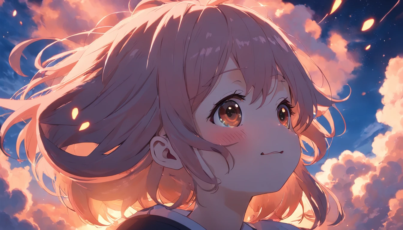 tmasterpiece, best qualtiy, cinematic Film still from, 1girll, Cloud Girl, Floating in the sky, closeup cleavage, brightly, cheerfulness, Warm and soft lighting, the sunset, (spark of light:0.7), saori, in style of kyoto animation, Kyoto Animation, Perfect anime face, Cute emoji face, anime best girls, Tearful smile.