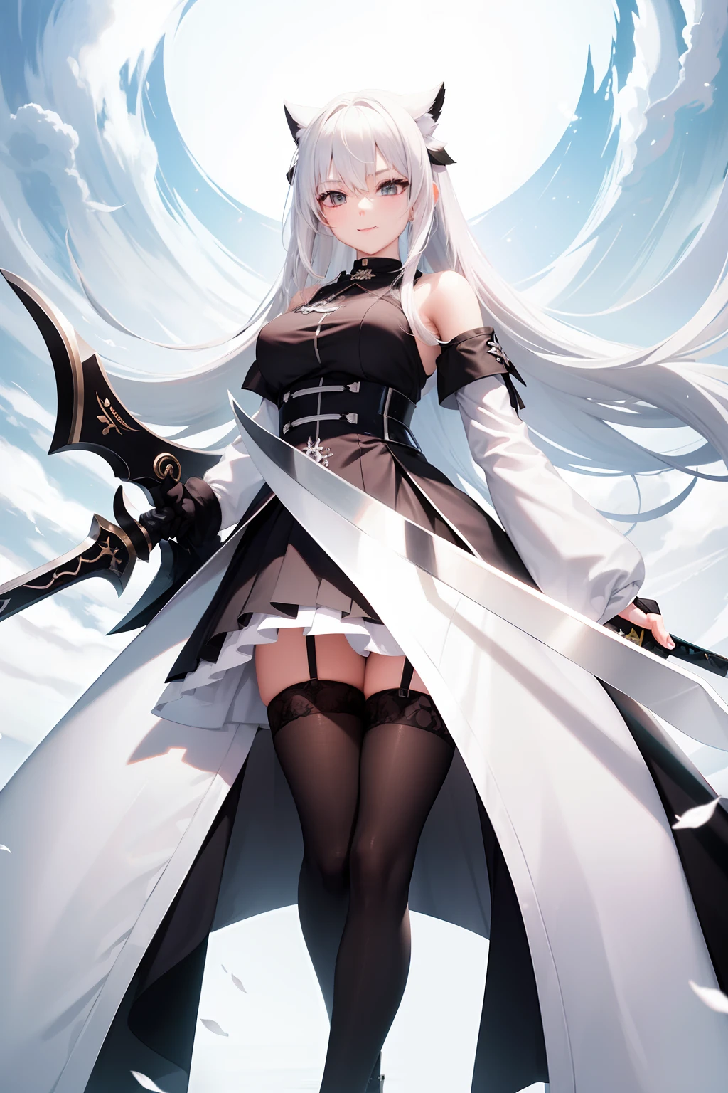 White-haired girl，ssmile，Anime style，1080P、Wear a black and white coat、Black stockings、Holding a big sword、full bodyesbian