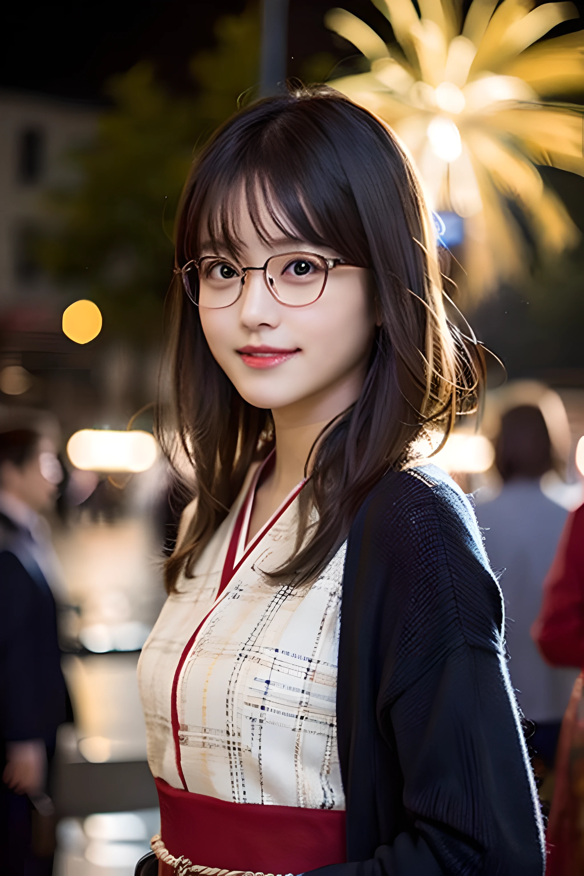 (8K、Raw photography、top-quality、masterpiece:1.2)、(realisitic、Photorealsitic:1.37)、ultra-detailliert、超A high resolution、1人、see the beholder、beautifull detailed face、A smile、Constriction、(Slim waist) :1.3)、casual cotton kimono、Beautiful detailed skin、Skin Texture、Floating hair、Professional Lighting、Fireworks Venue、Rimmed glasses、Whole human body、Brown hair