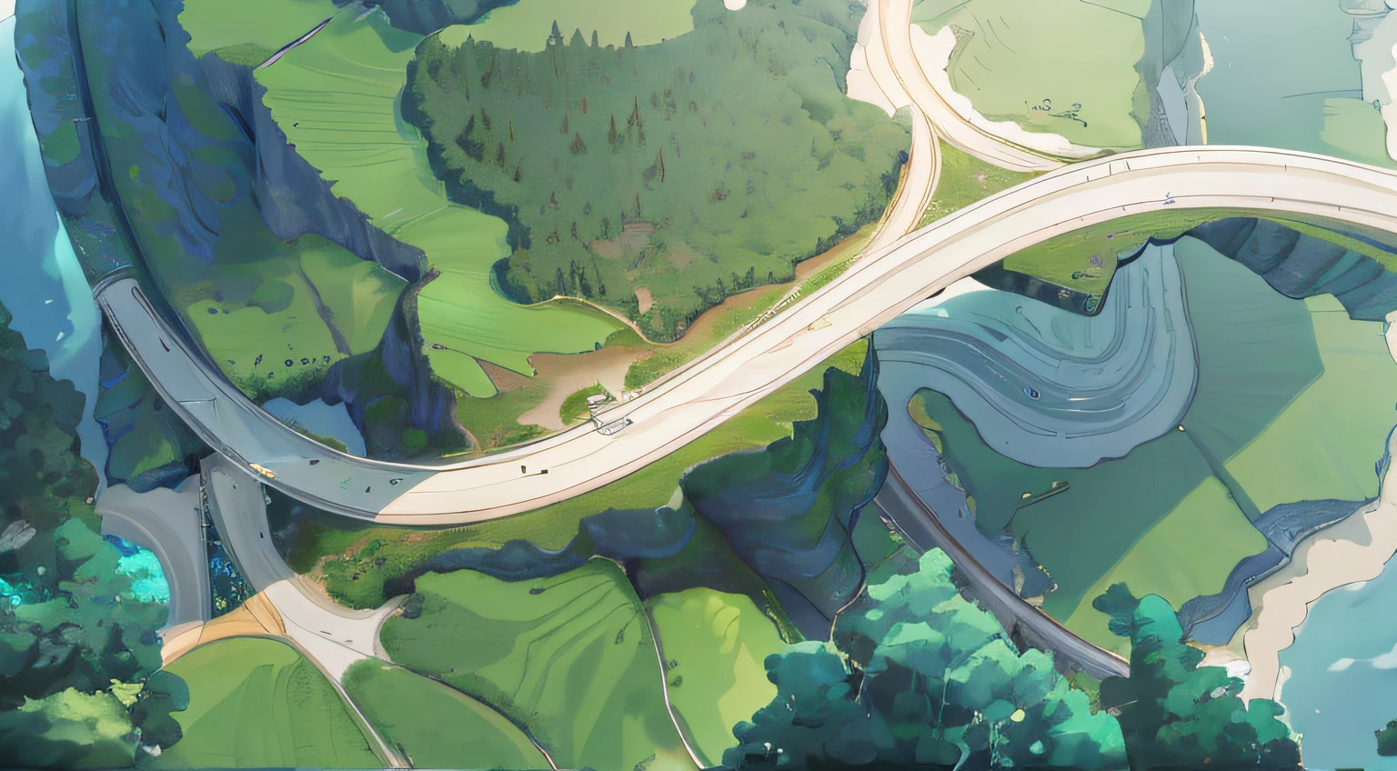 Turquoise river, Curved highways, Green forest-filled peaks，White clouds，Ultra-high top view，rendered in arnold engine, animated still, in game graphic,2D top view, Beautiful 3D map, Ultra detailed，8K