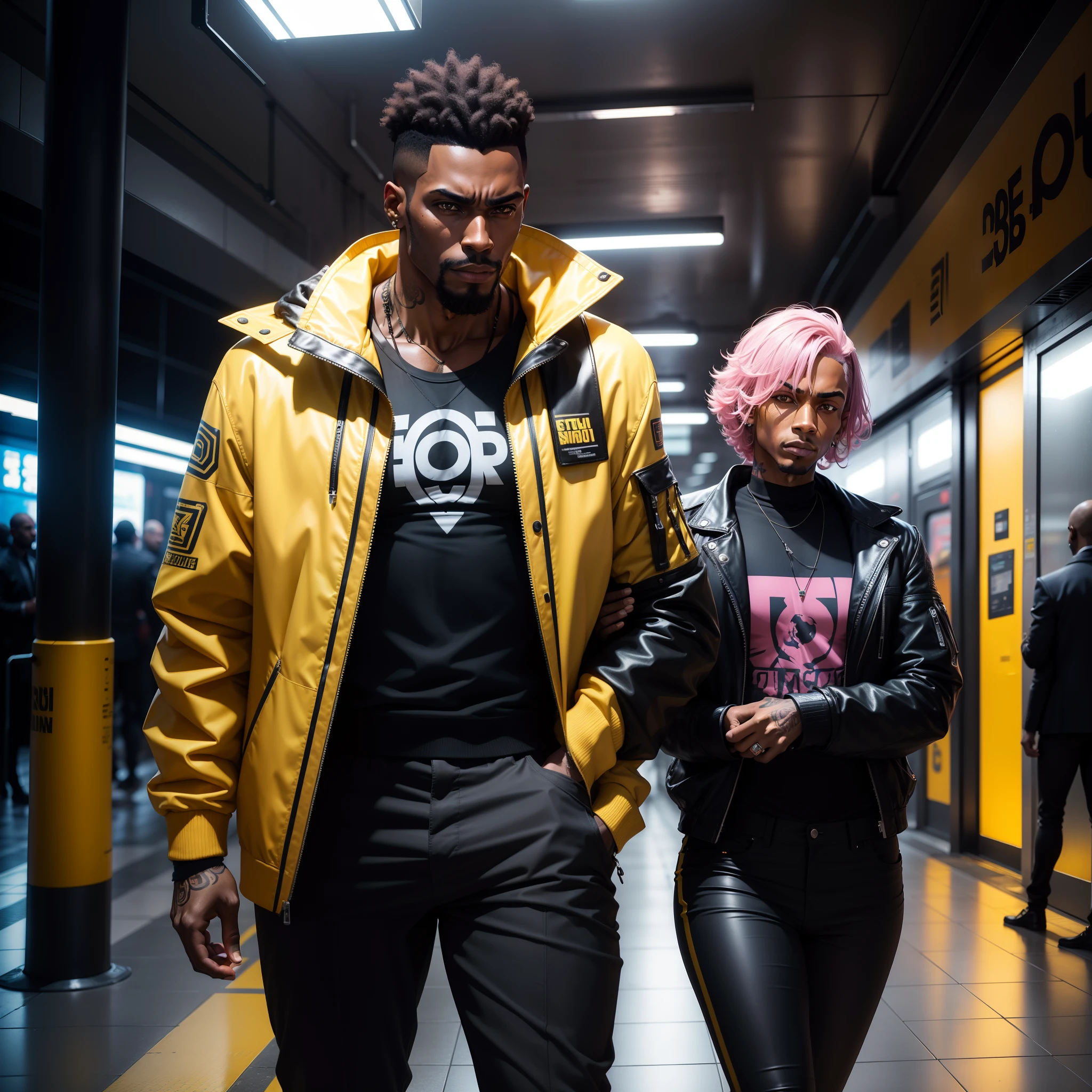 I'd like a cyberpunk style image in 4k average photo of two black characters ,30 anos de idade,,africano, forte, musculoso,Bodybillder,muito forte de pele negra ,barba grande,barba, Estiloso Barbon,com cabelo punk estilo anos 80 na cor amarelo e cinza escuro,muito eLegante,, futurista e estiloso neon , com uma tatuagem super colorida e com neon ,Toattoo, facing a metro station on the platform , with station lights failing in a dimly lit environment, standing dressed in a dark yellow suit with a pink bow tie and baggy shirt.