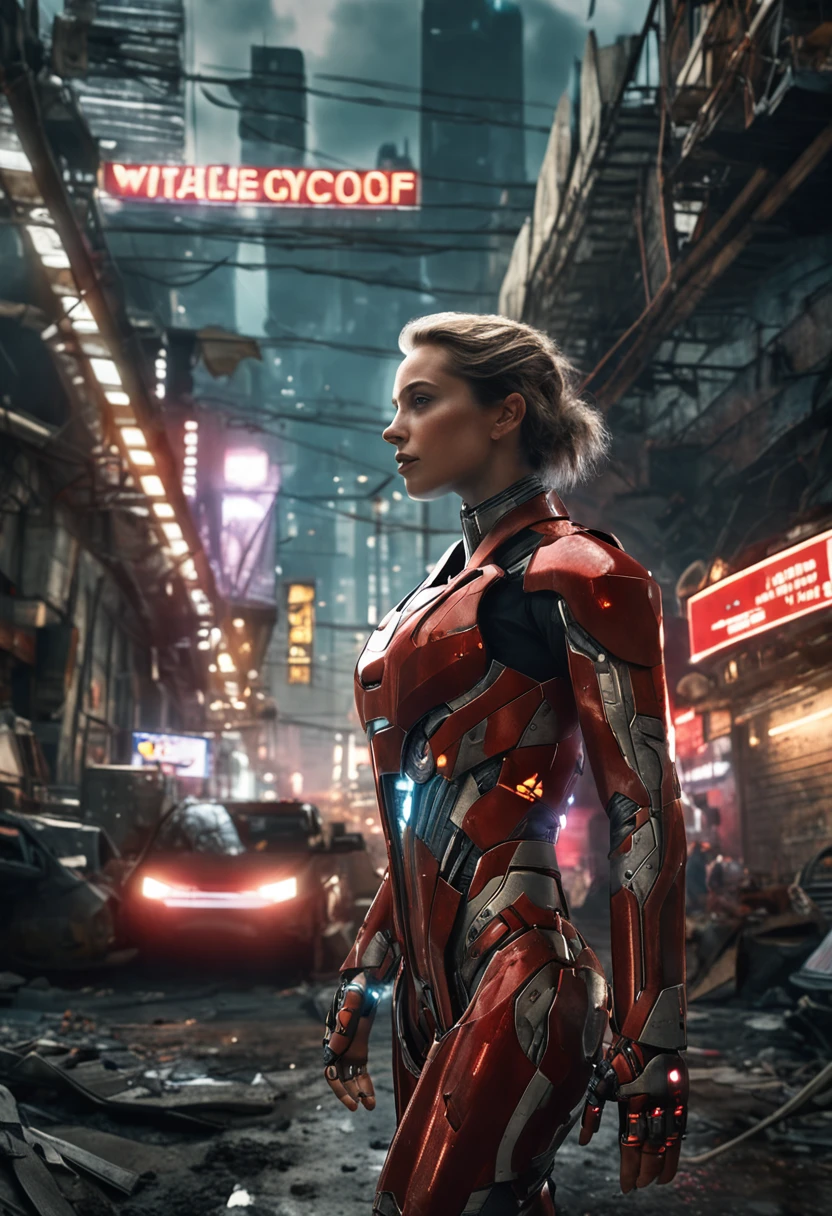 RAW, Masterpiece, Ultra Fine Photo,, Best Quality, Ultra High Resolution, Photorealistic, Sunlight, Full Body Portrait, Stunningly Beautiful,, Dynamic Poses, Delicate Face, Vibrant Eyes, (Side View) , she is wearing a futuristic Iron Man mech, red and gold color scheme, highly detailed abandoned warehouse background, detailed face, detailed and complex busy background, messy, gorgeous, milky white, high detailed skin, realistic skin details, visible pores , sharp focus, volumetric fog, 8k uhd, dslr camera, high quality, film grain, fair skin, photorealism, lomography, sprawling metropolis in futuristic dystopia, view from below, translucent