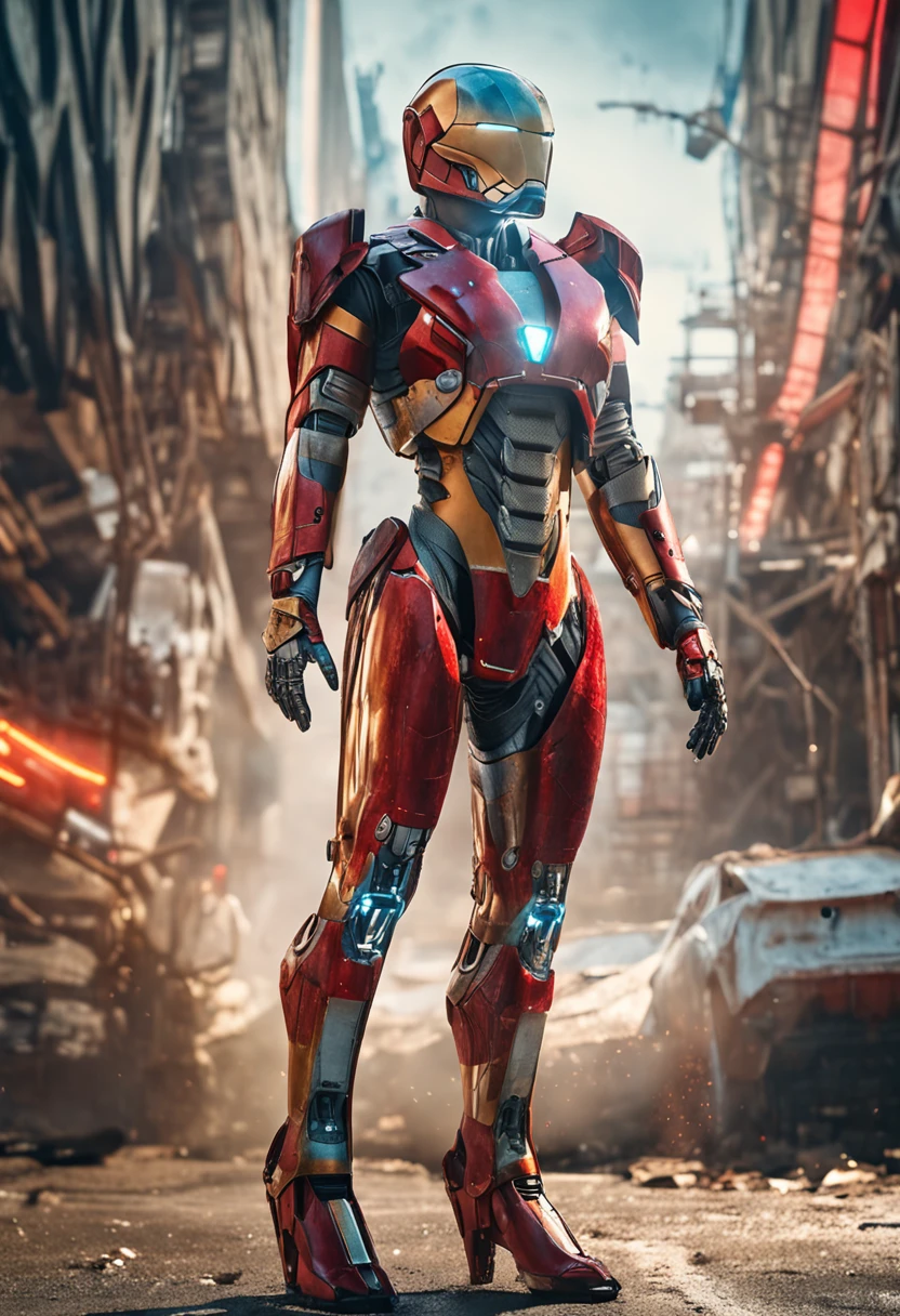 RAW, Masterpiece, Ultra Fine Photo,, Best Quality, Ultra High Resolution, Photorealistic, Sunlight, Full Body Portrait, Stunningly Beautiful,, Dynamic Poses, Delicate Face, Vibrant Eyes, (Side View) , she is wearing a futuristic Iron Man mech, red and gold color scheme, highly detailed abandoned warehouse background, detailed face, detailed and complex busy background, messy, gorgeous, milky white, high detailed skin, realistic skin details, visible pores , sharp focus, volumetric fog, 8k uhd, dslr camera, high quality, film grain, fair skin, photorealism, lomography, sprawling metropolis in futuristic dystopia, view from below, translucent