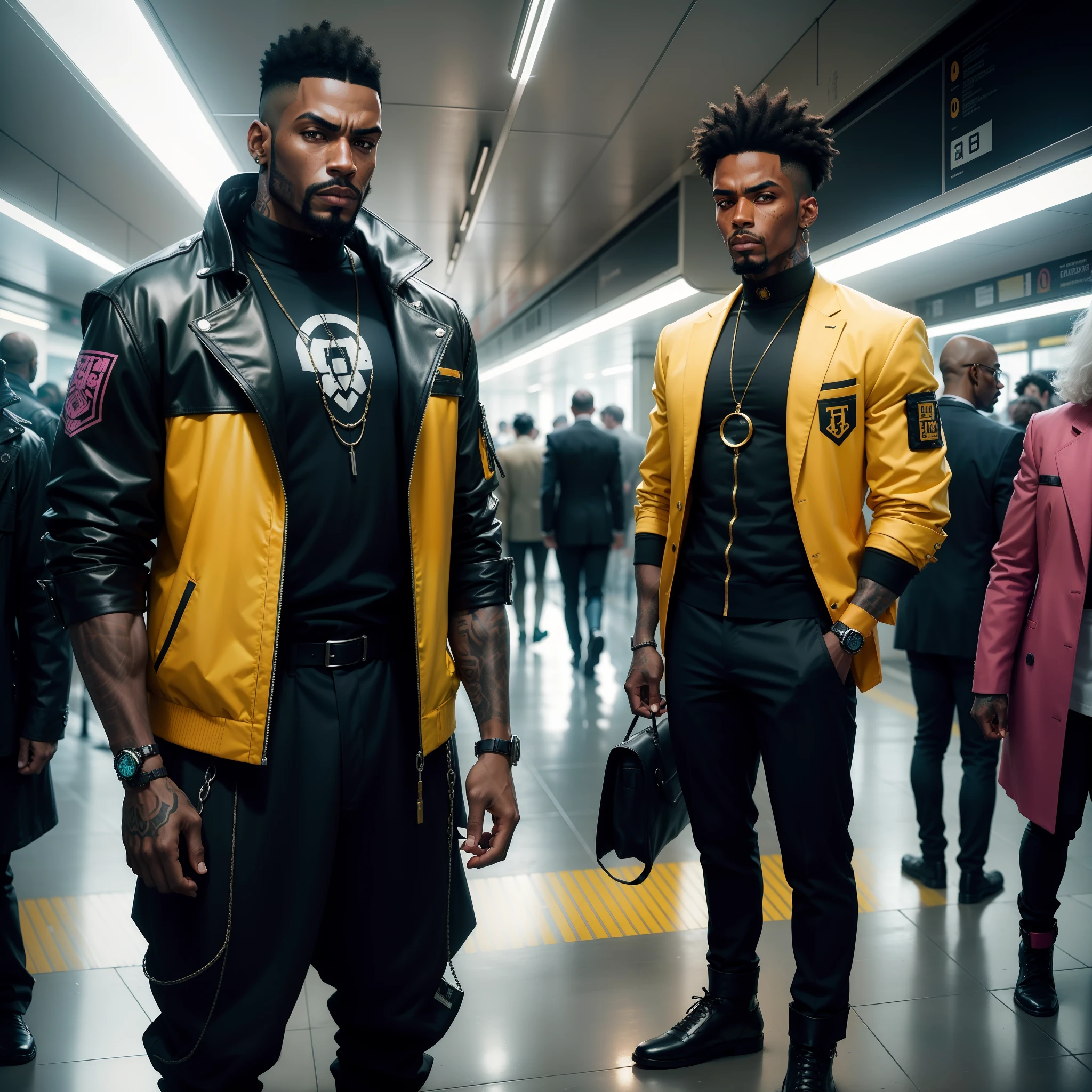 I'd like a cyberpunk style image in 4k average photo of two black characters ,30 anos de idade,,africano, forte, musculoso,Bodybillder,muito forte de pele negra ,barba grande,barba, Estiloso Barbon,com cabelo punk estilo anos 80 na cor amarelo e cinza escuro,muito eLegante,, futurista e estiloso neon , com uma tatuagem super colorida e com neon ,Toattoo, facing a metro station on the platform , with station lights failing in a dimly lit environment, standing dressed in a dark yellow suit with a pink bow tie and baggy shirt.