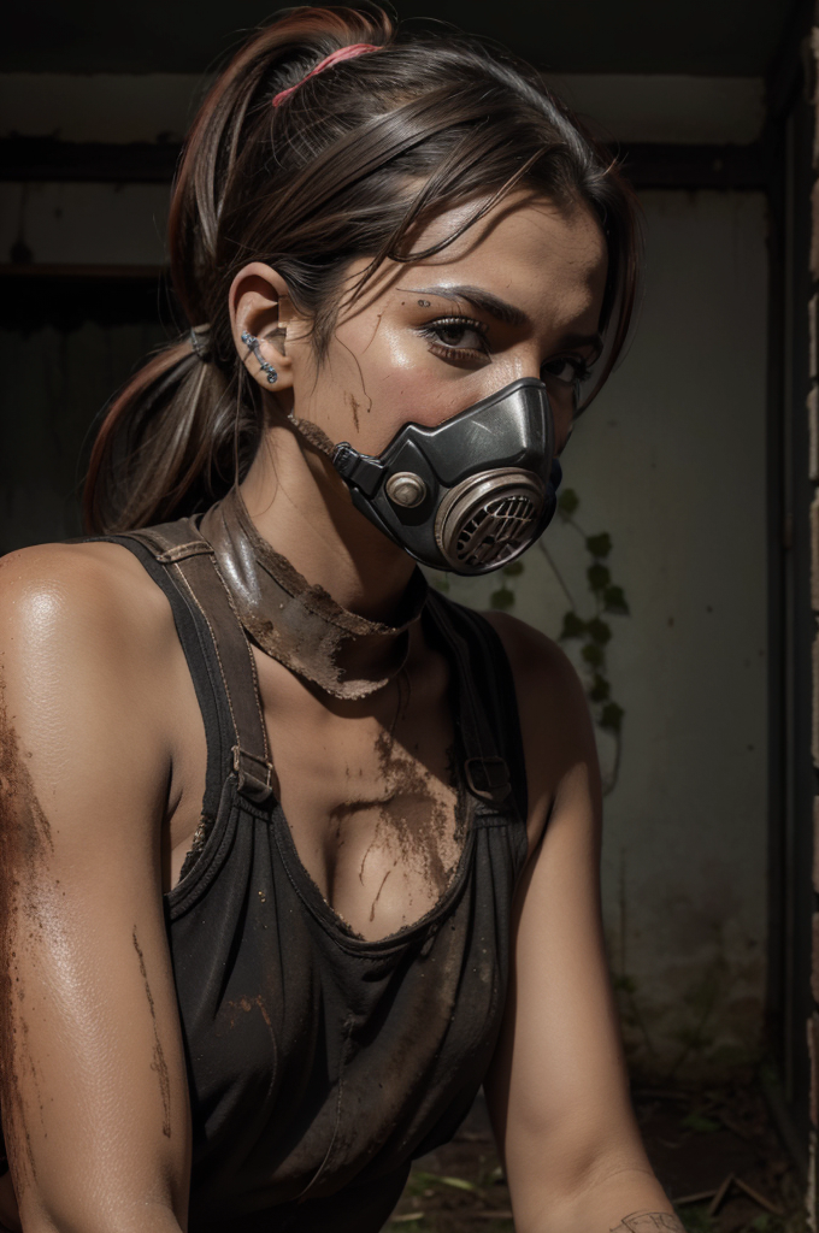 (8k, RAW photo, highest quality),(epic realistic:1.5), a girl, laying on the floor, distant shoot, face down looking up, gas masked, military gas mask, leather top, (detailed eyes:0.8), (looking at the camera:1.4), (highest quality), (best shadow),intricate details,cinematic,((skin:1.4)),interior, (short ponytail dark red hair:1.3),dark studio,(hdr:1.5),detailed, muted colors, freckles over the body