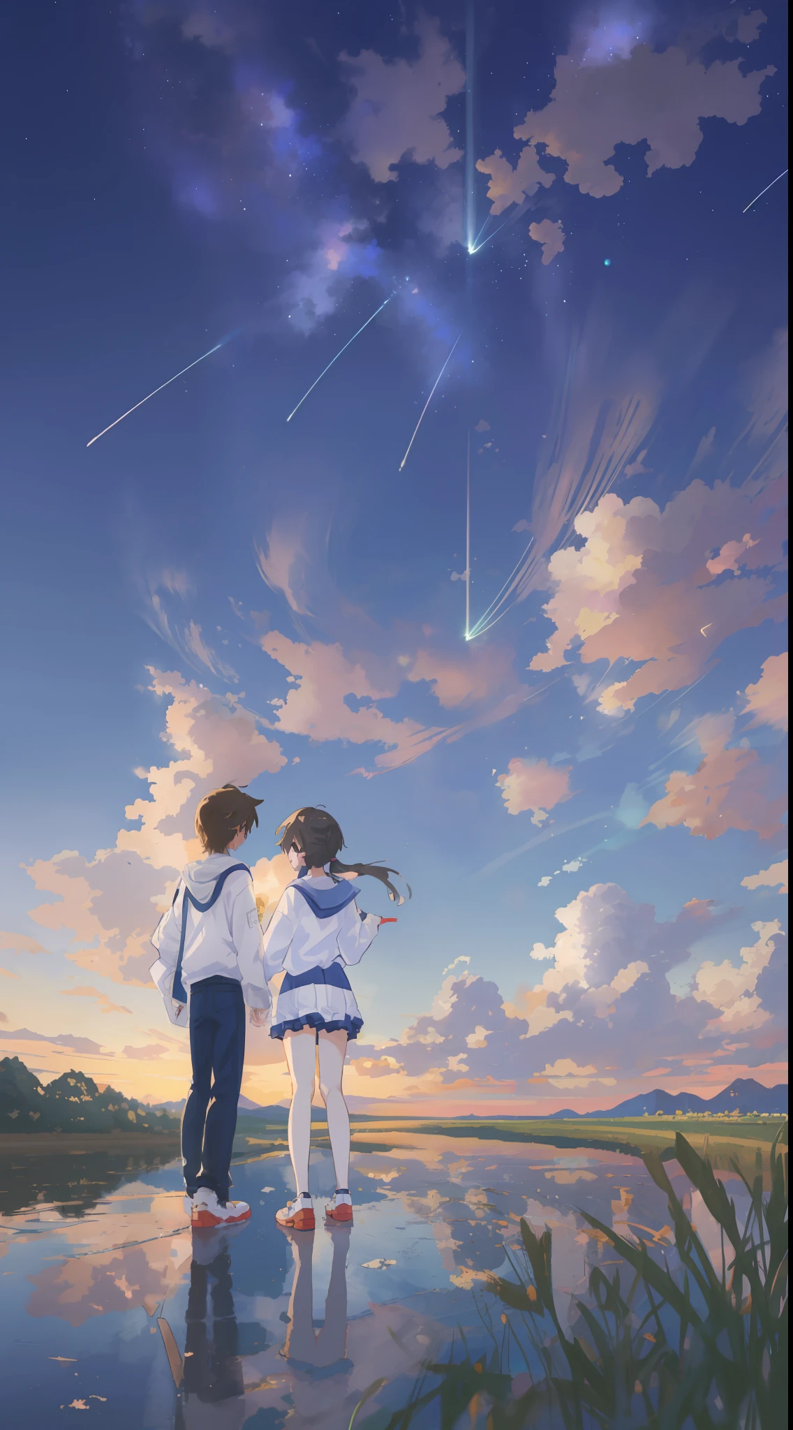 Anime anime wallpaper with several people watching shooting stars, Your name, Kimi no Nava, your name movie style, ( ( Makoto Shinkai ) ), sakimichan and makoto shinkai, makoto shinkai and bioware, Shinkai sincerely, yusuke murata and makoto shinkai, Makoto Shinkai!