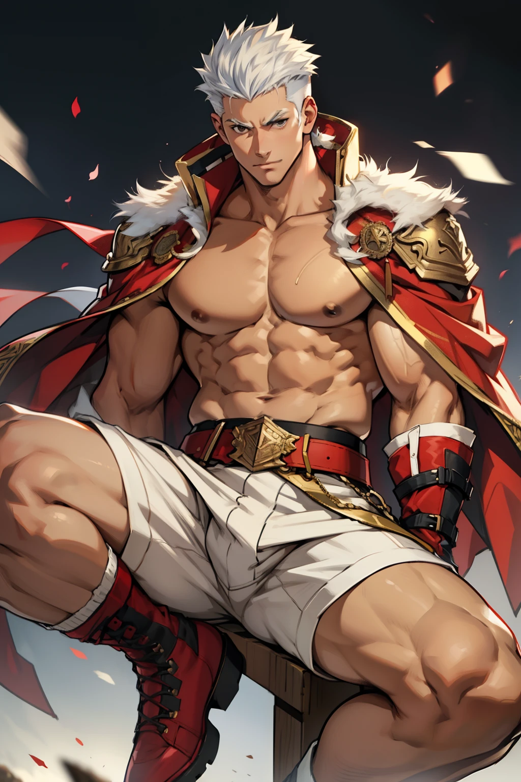 Master Masterpiece、best quality、8K、 male、katsuki bakugou、Red cloak with fur、Upper body naked、(A small red dragon rests on his shoulder:1.2)