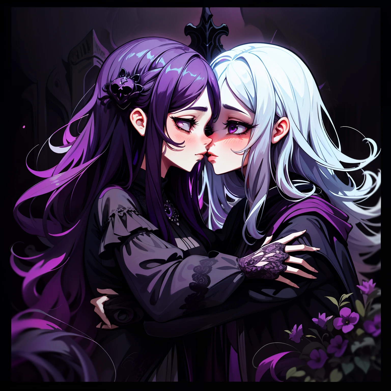 adesivo, fundo simples, portrait, 2 girls, couple, kissing, girl with long hair, beautiful gothic girl, gothic aesthetic, beautiful girl, very beautiful fantasy art, beautiful and elegant female gothic, beautiful detailed fantasy, purple and black color palate, purple color-theme