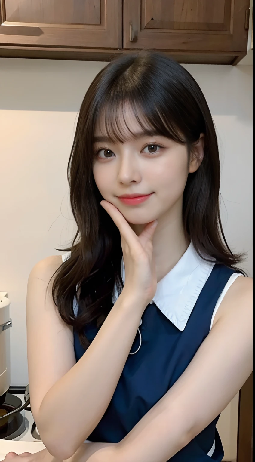 Una mujer que cocina、(Kitchin_Delantales:1.Desgaste 3)、Mano bonita、4k、A high resolution、tmasterpiece、highest qualityr、Gorro de desgaste:1.3、((Hasselblad photography))、piel fina、foco nítido、(lighting like a movie)、Soft lighting、Ungle dinámico、[:(Cara detallada:1.2):0.2]、pecho grande、mucho sudor que se derrama por la piel:1.2、(((en la cocina))) linda sonrisa　Perspectiva del espectador　Tetas colosales　Atarse el cabello　sin mangas　Estira la parte superior de los brazos　Hombros extendidos　limpieza　cocina grande　Hermosa cocina　copas de vino　Vista posterior　behind　Espaldas　Levanta y ata tu cabello